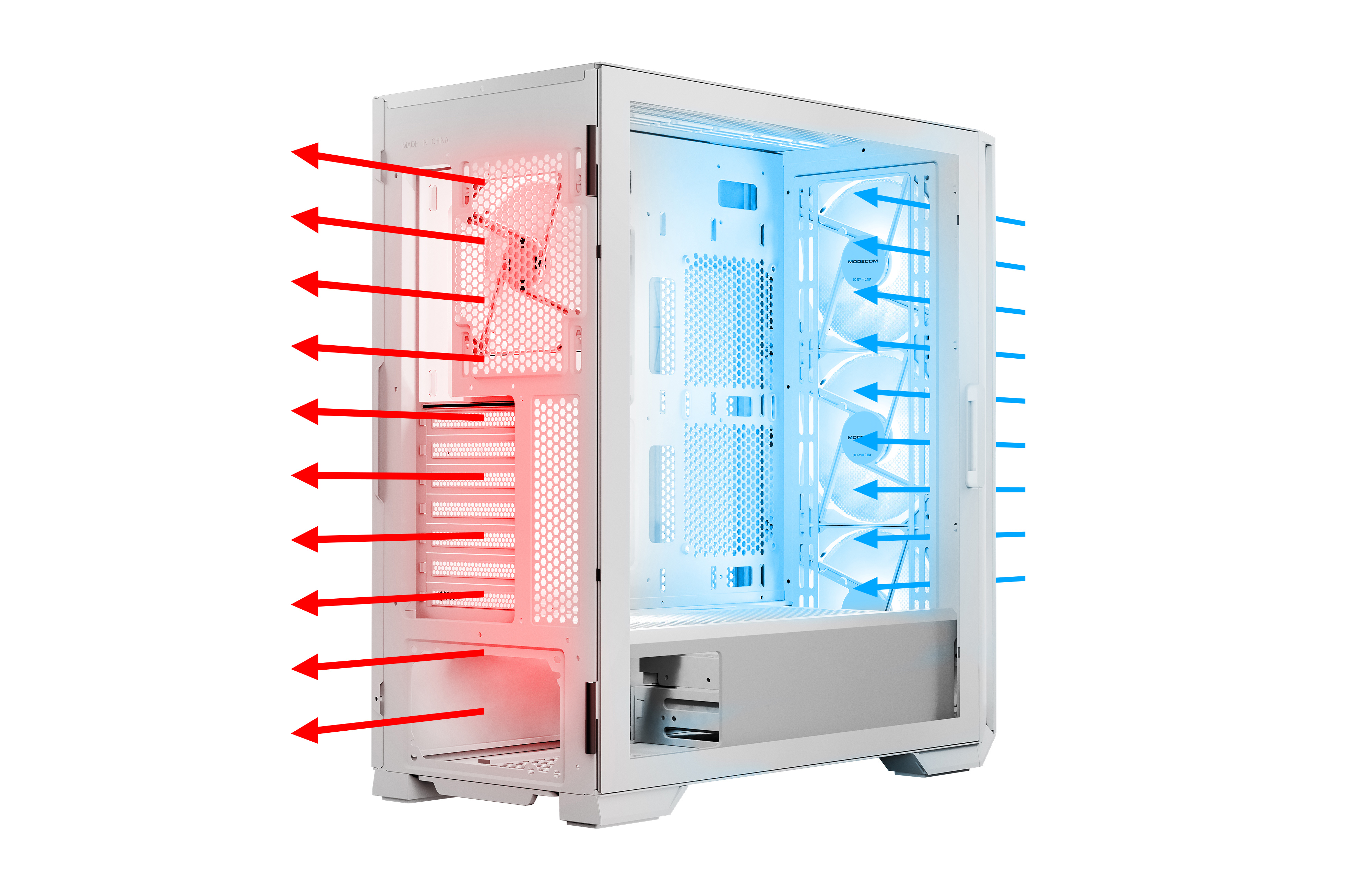 Obudowa komputera ze schematem przepływu powietrza. Czerwone strzałki wskazują wylot ciepła, niebieskie wlot.
