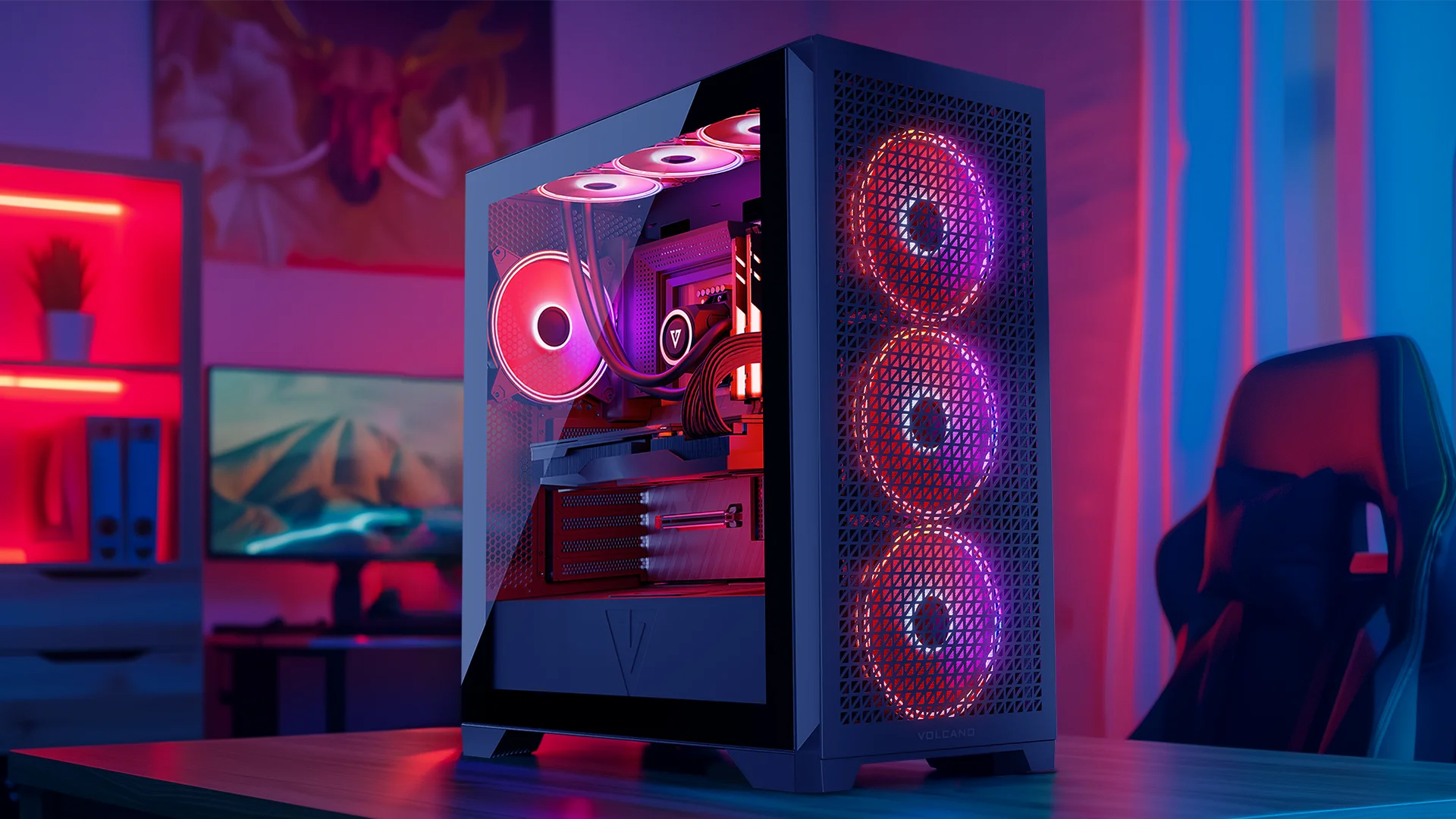 Obudowa komputera z wentylatorami RGB i komponentami, stojąca na biurku, z tłem pokoju.