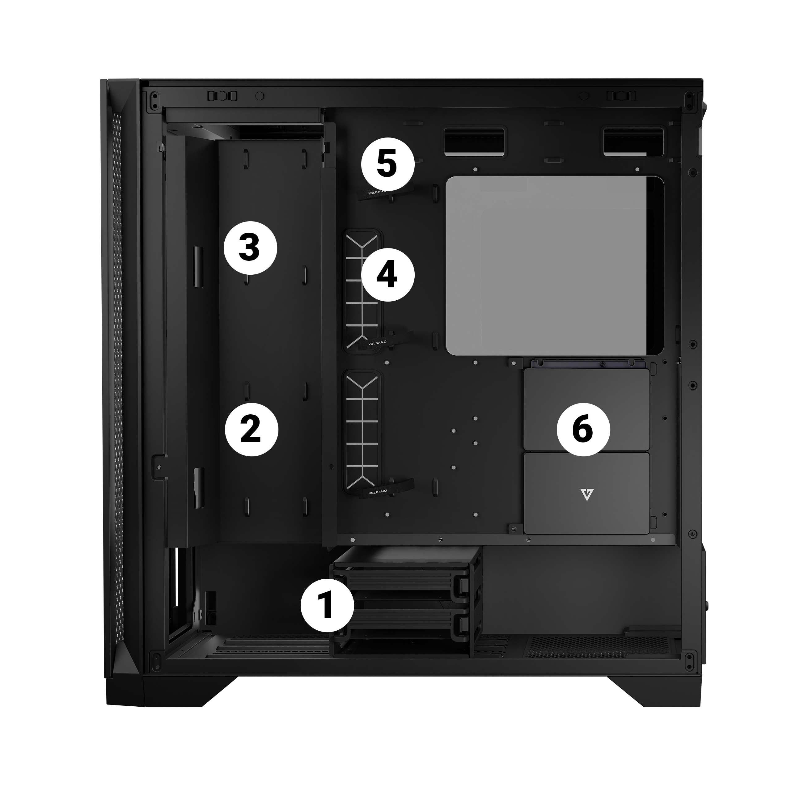 Wnętrze obudowy komputera, komponenty oznaczone. Zidentyfikowano różne gniazda i mocowania.