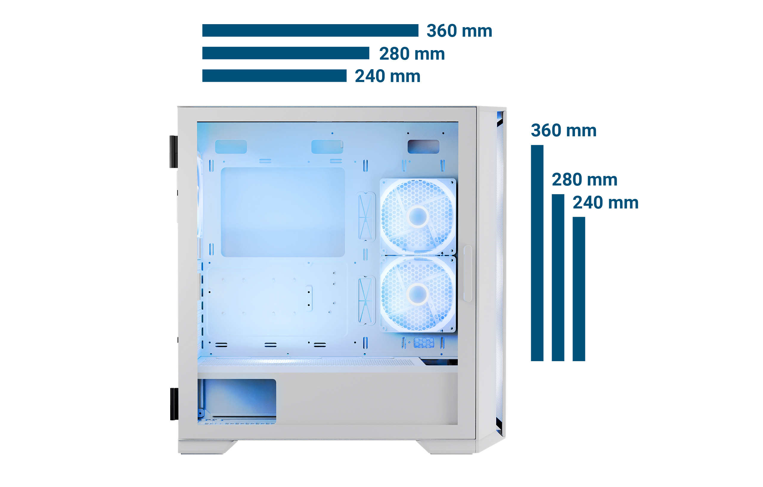 Wnętrze obudowy komputera z wyświetlonymi wymiarami. Pokazano paski rozmiaru dla kompatybilności z chłodnicą.