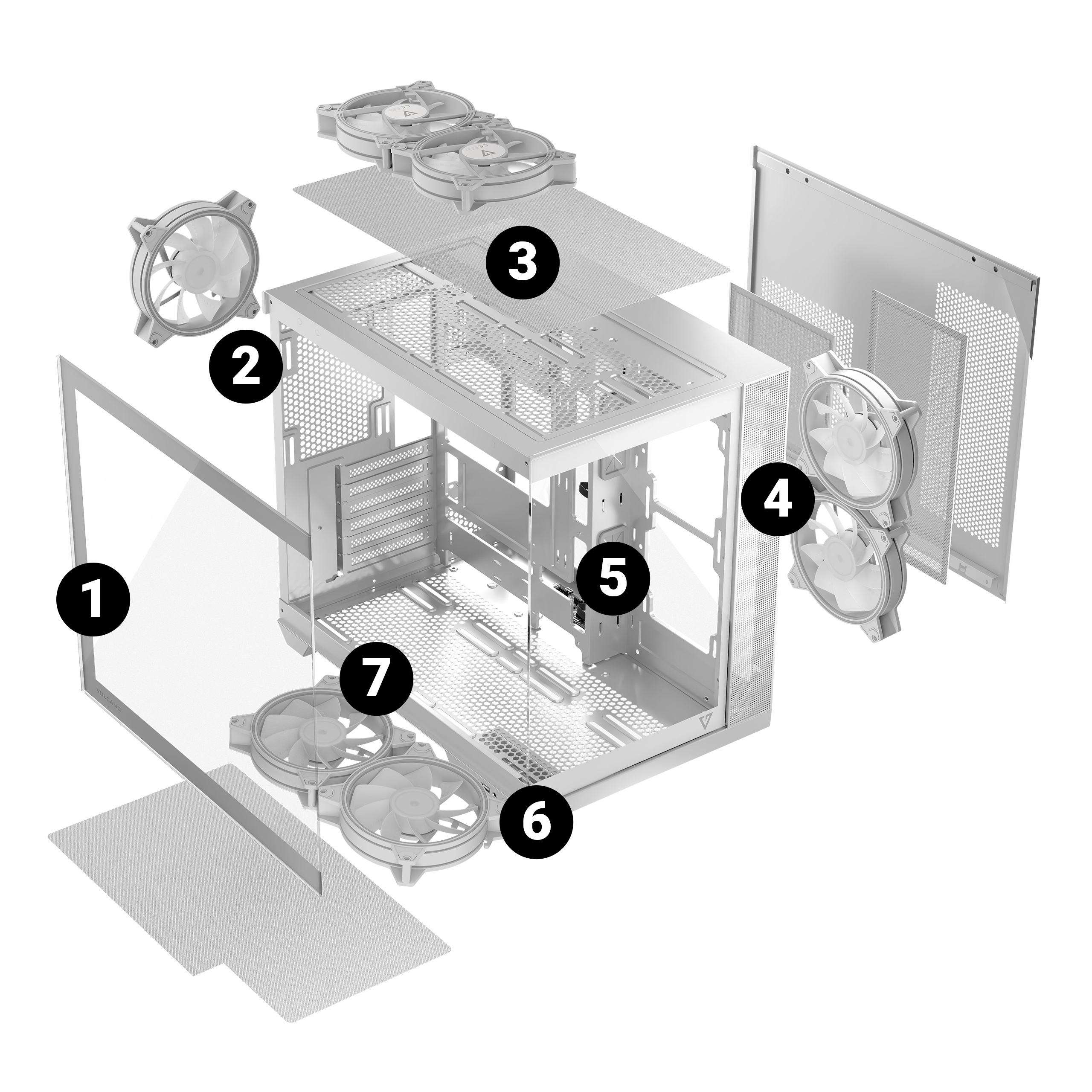 Widok rozłożony obudowy komputera. Różne komponenty oznaczone, w tym wentylatory i panele boczne.