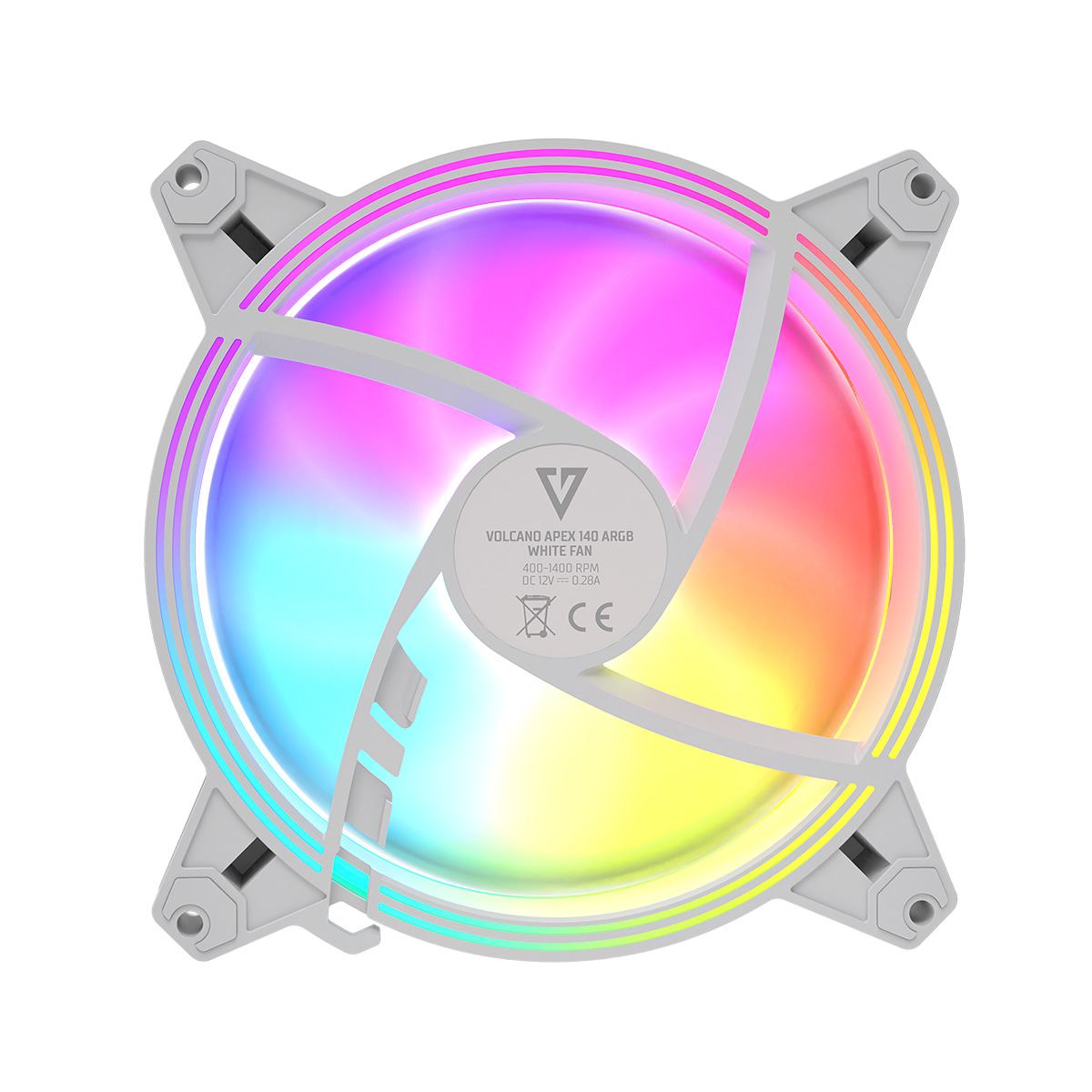 Wentylator komputerowy z oświetleniem RGB, białą ramą i wieloma kolorami, ze szczegółami produktu.