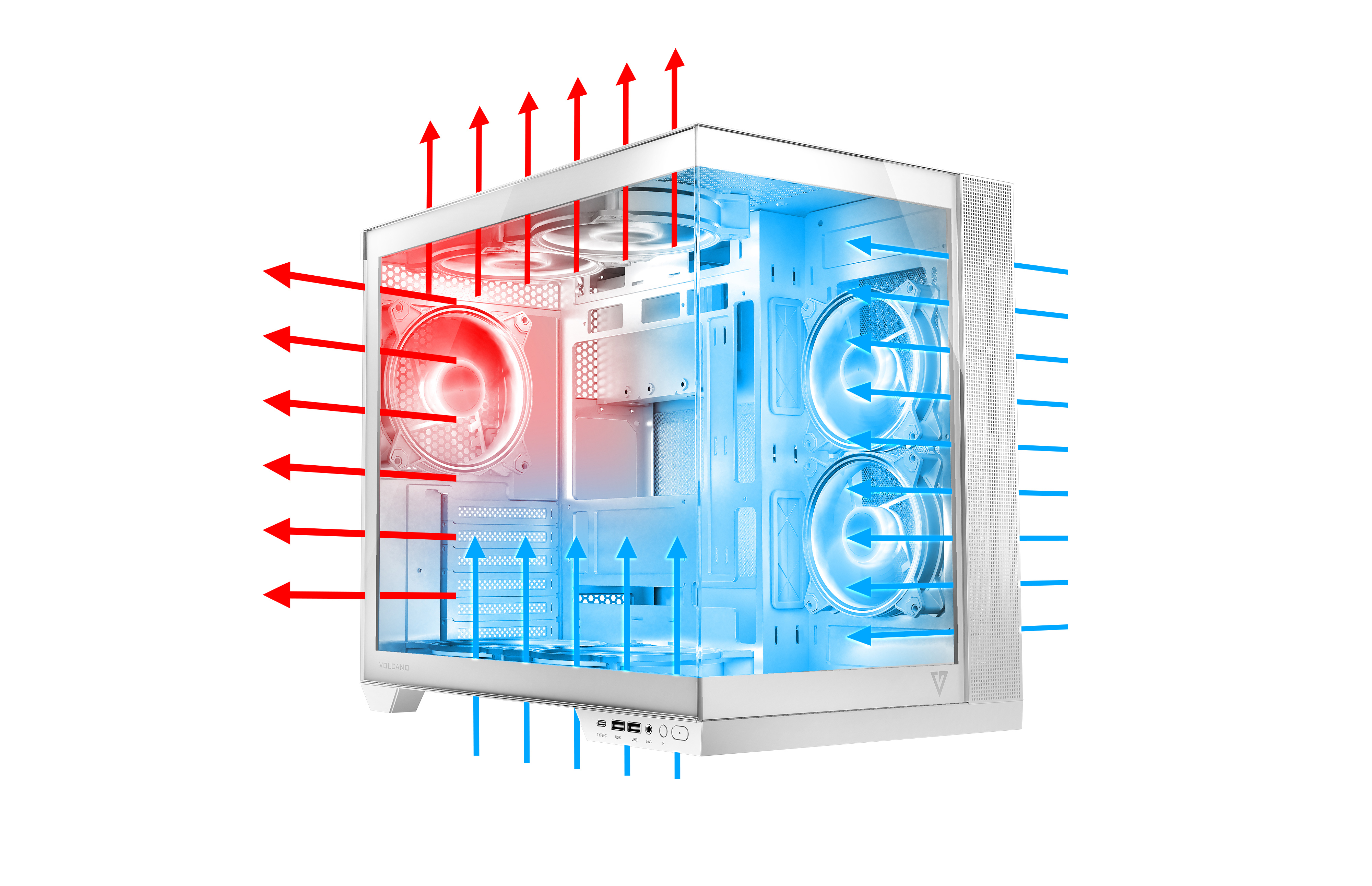 Obudowa komputera ze schematem przepływu powietrza. Czerwone strzałki pokazują wylot ciepła, niebieskie wlot chłodnego powietrza.
