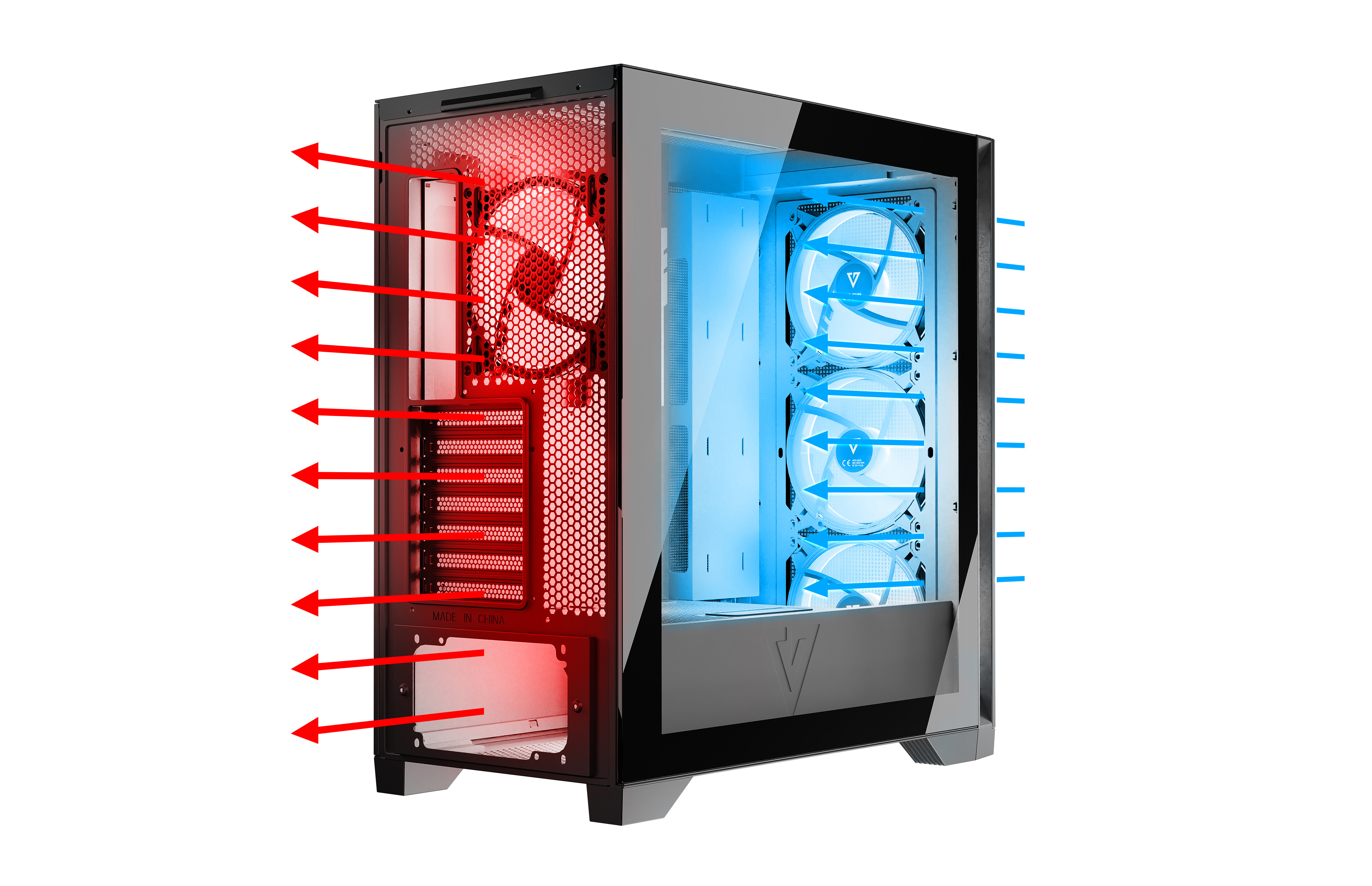 Obudowa komputera ze strzałkami wskazującymi przepływ powietrza. Czerwone strzałki pokazują wlot powietrza, niebieskie wylot.