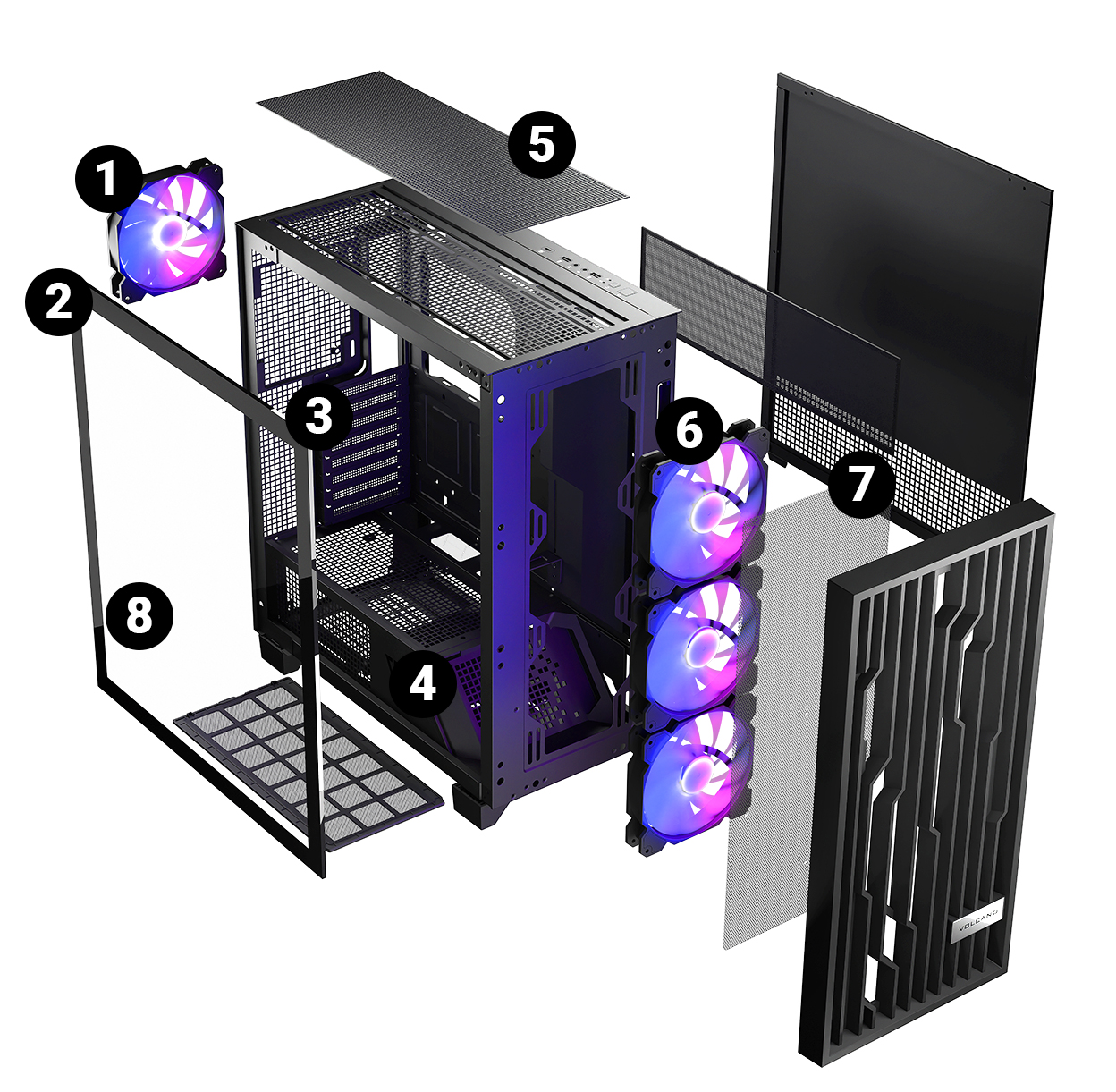Widok rozstrzelony czarnej obudowy komputera, elementy oznaczone 1-8.