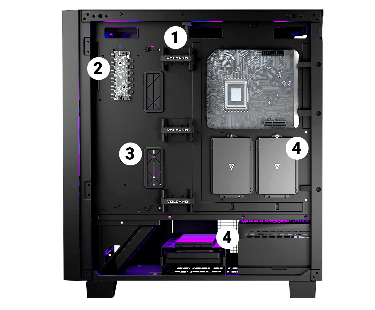 Wnętrze obudowy komputera, elementy oznaczone 1-4, z płytą główną.