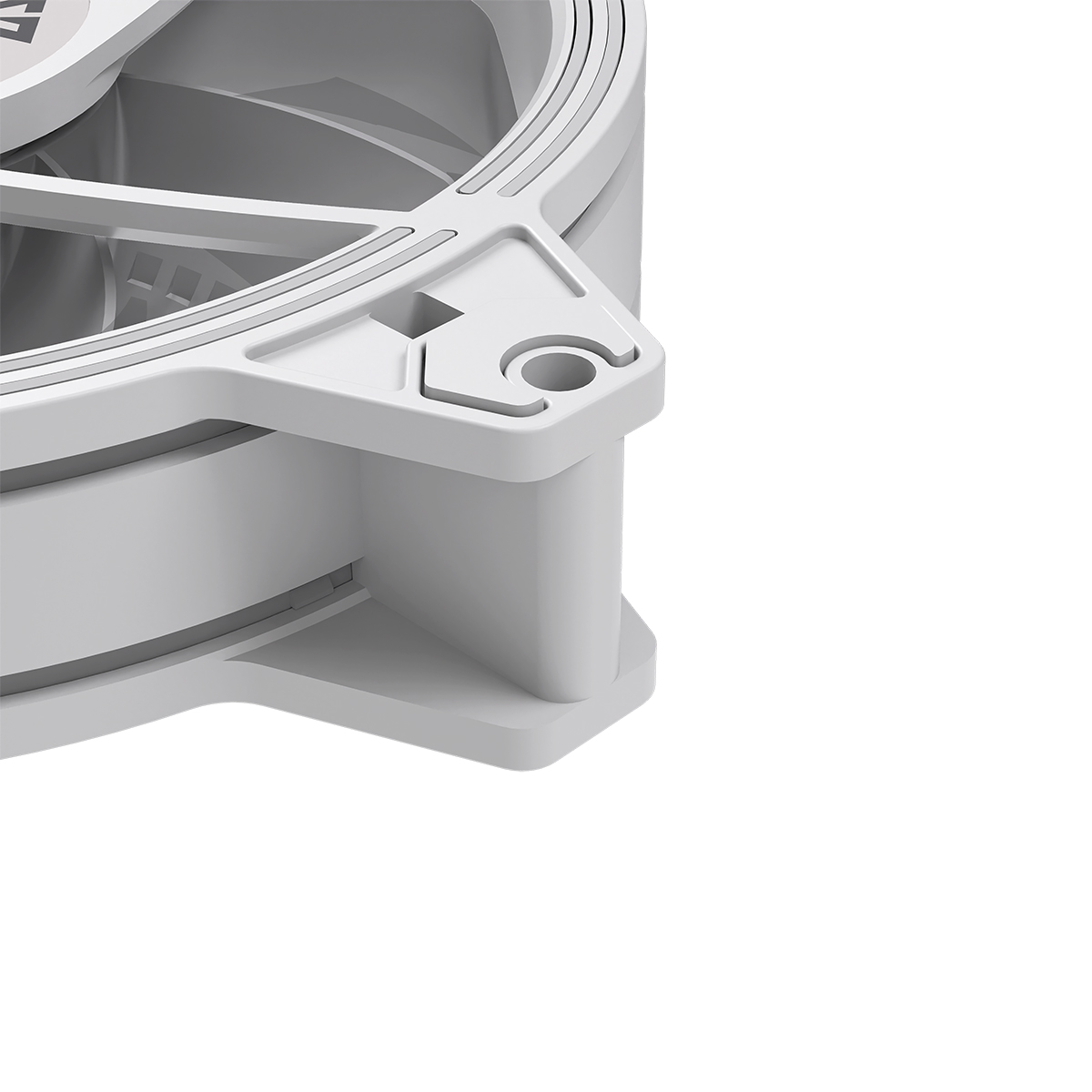 Biały narożnik wentylatora komputerowego. Ma kwadratowy kształt i otwory montażowe.