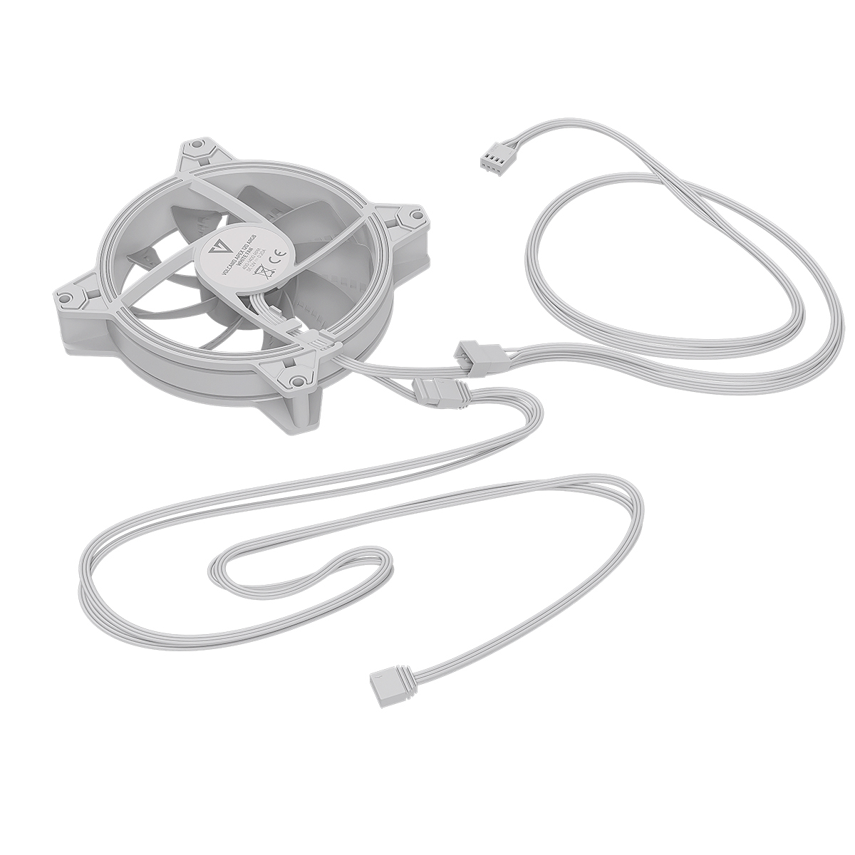 Biały wentylator komputerowy z kablami, złączami i przezroczystą osłoną łopatek.