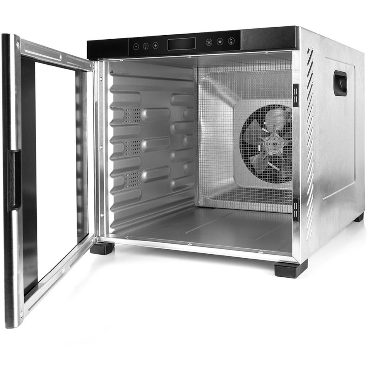 Déshydrateur alimentaire en acier inoxydable avec porte ouverte, ventilateur interne visible.
