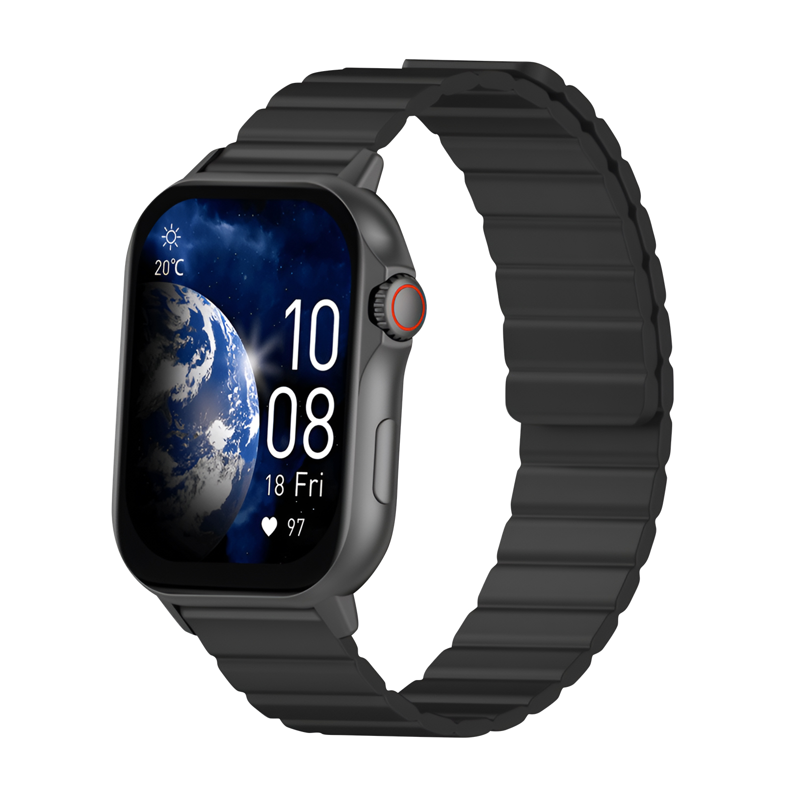 Smartwatch nero. Cinturino nero con immagine della terra sullo schermo, mostra ora e data. Pulsante rosso.
