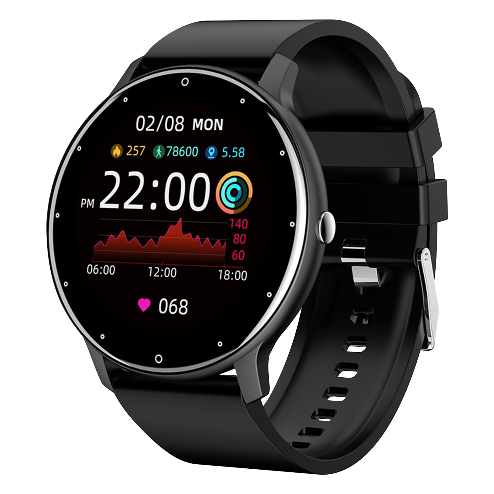 Smartwatch nero. Schermo rotondo mostra ora, data, frequenza cardiaca e dati attività. Cinturino nero.