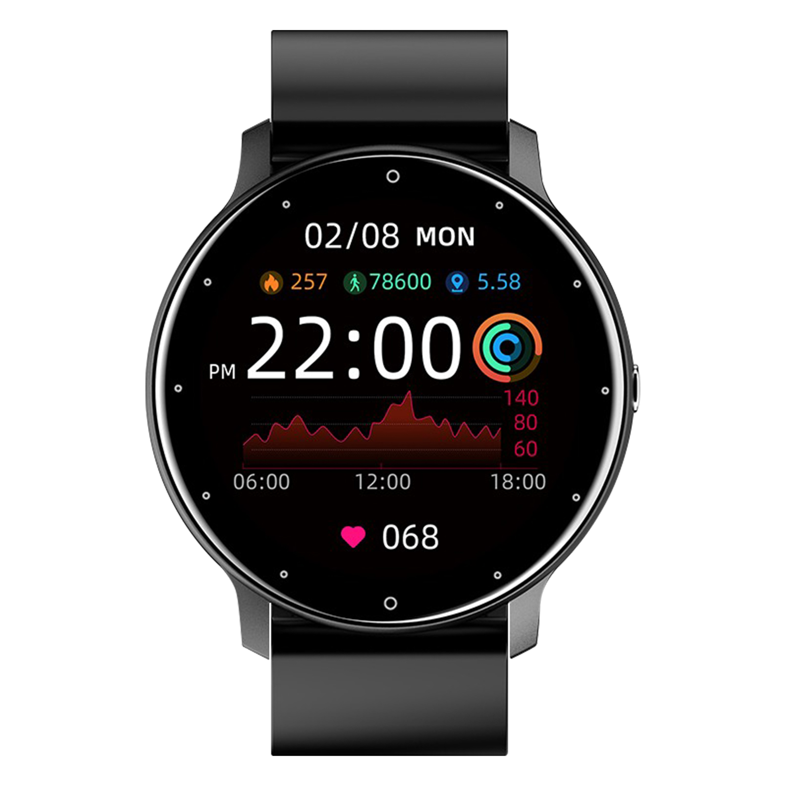Smartwatch nero con cinturino nero. Lo schermo mostra ora, frequenza cardiaca e altre metriche.