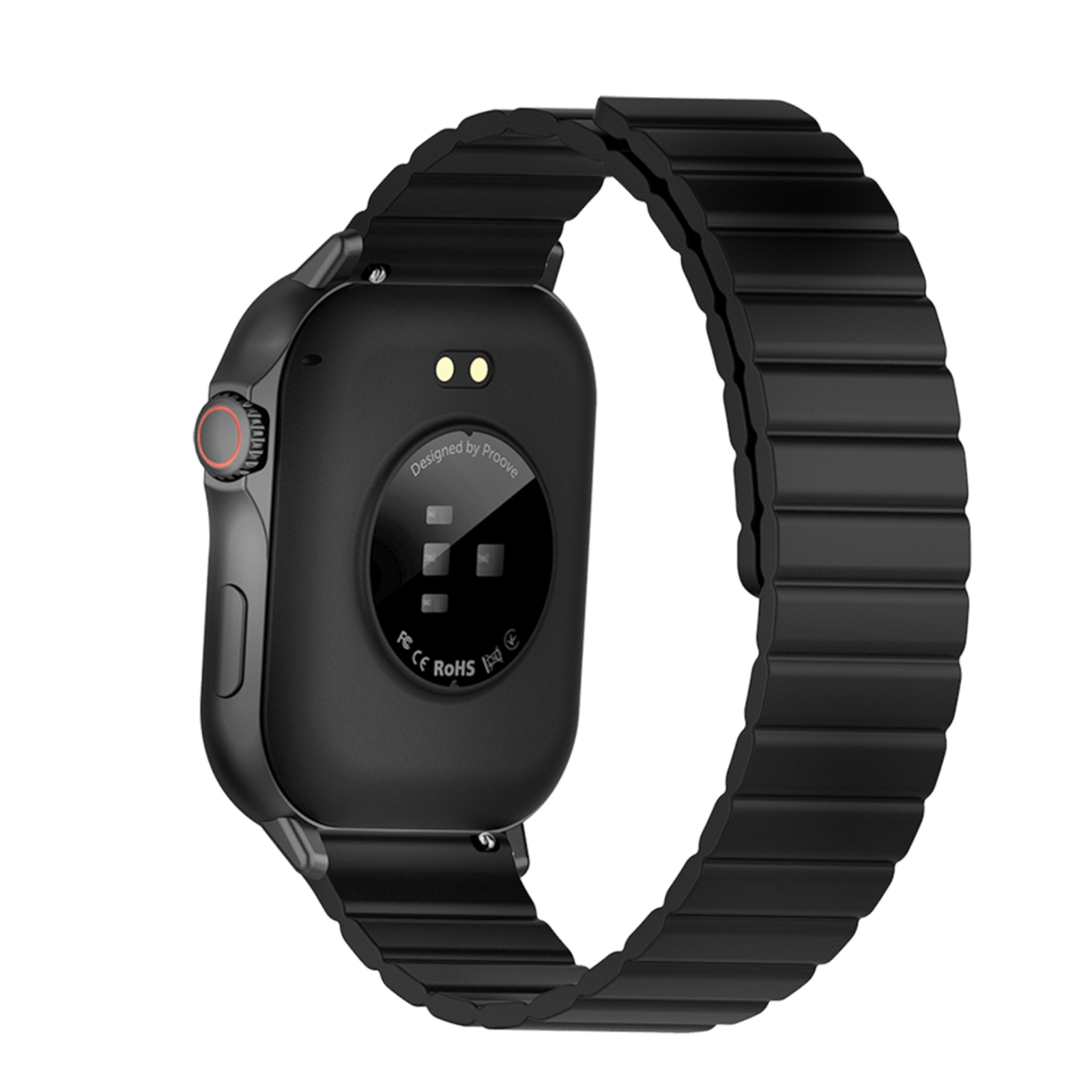 Vista posteriore di uno smartwatch nero. Caratterizzato da un cinturino nero e un design 'Designed by Proove'.