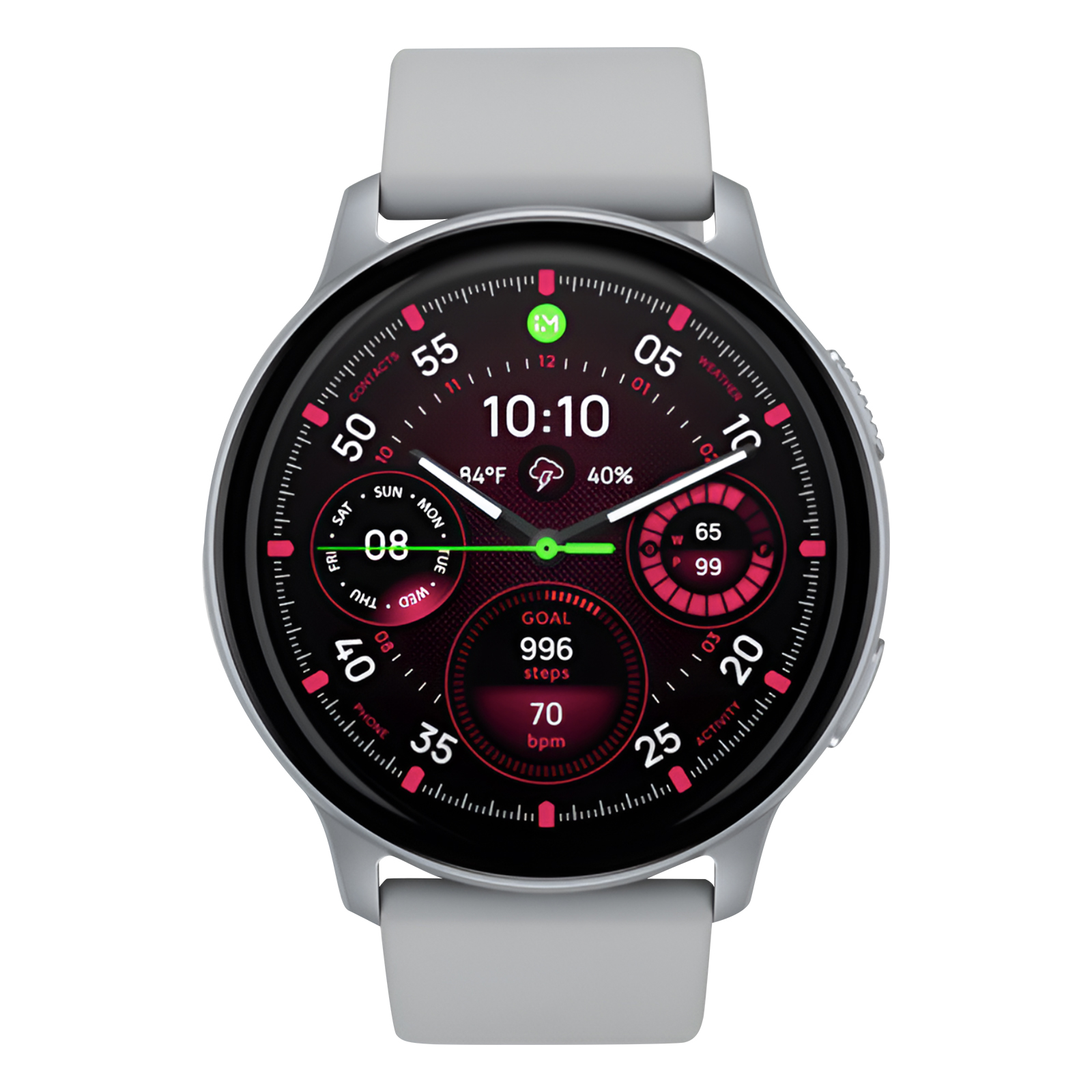 Smartwatch argentée. Écran rond affiche heure, fréquence cardiaque, pas et météo. Bracelet gris.