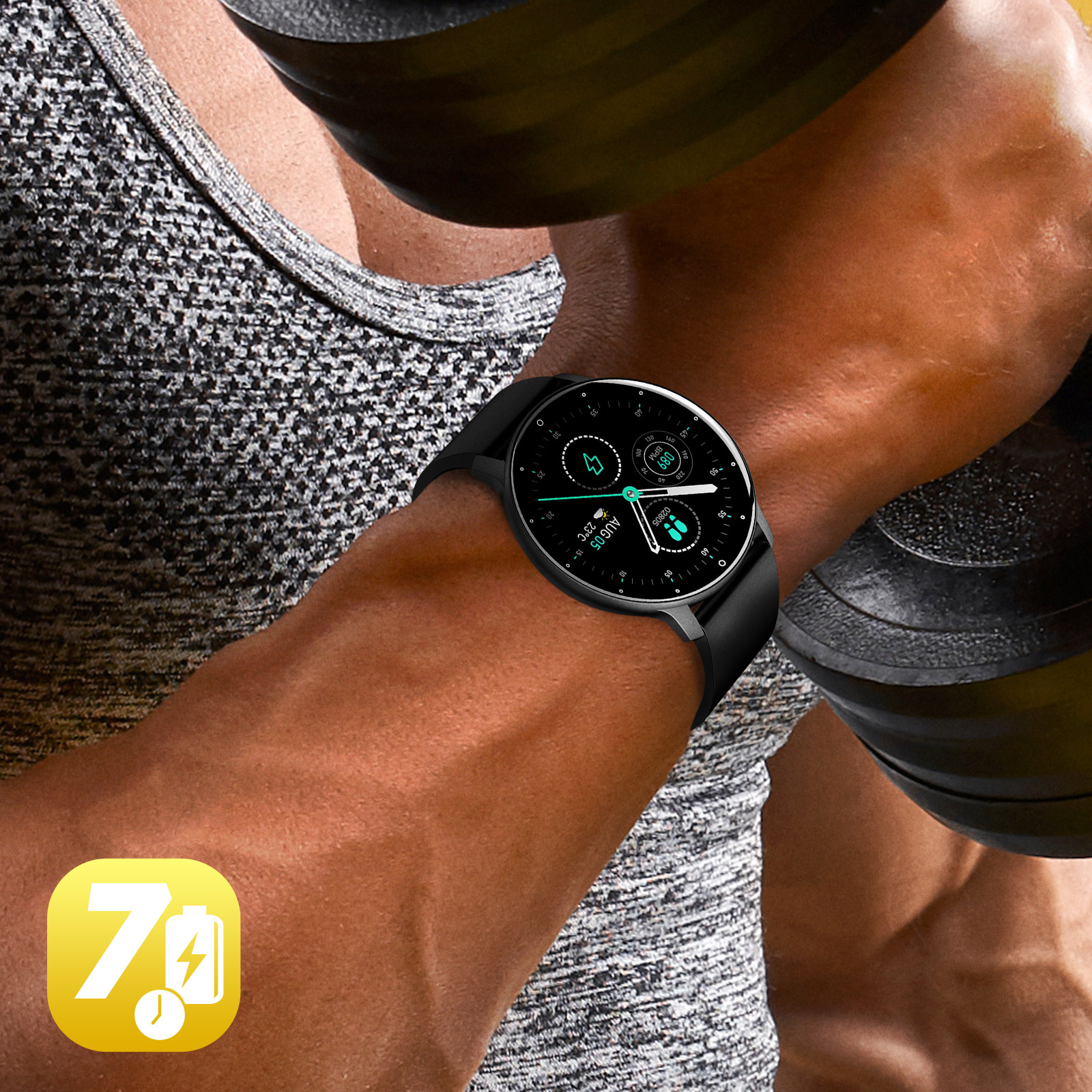 Persona con smartwatch nero. Lo schermo mostra dati sulla salute e carica della batteria.