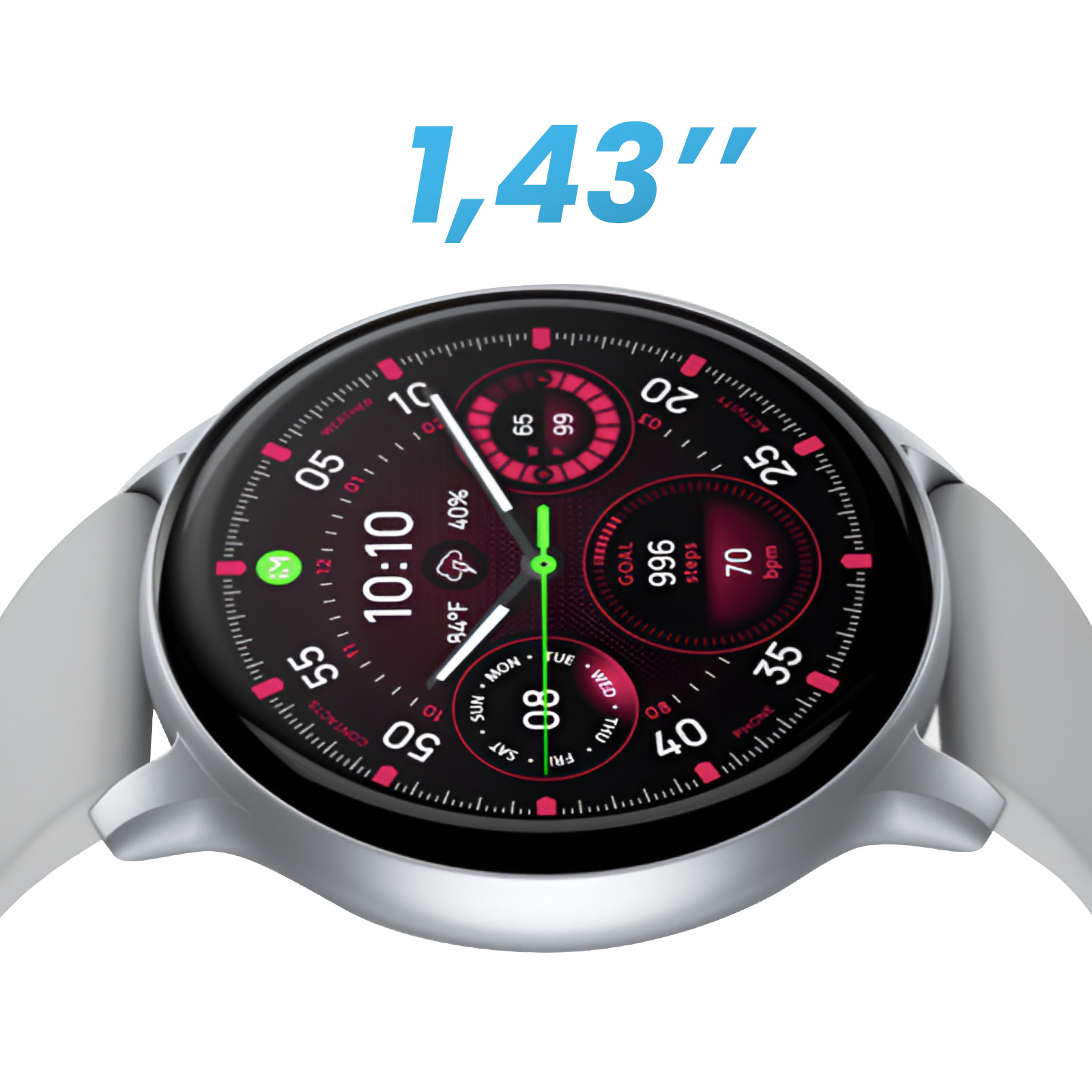 Smartwatch affichant l'heure, les pas et la température. L'écran est rond avec un affichage noir et rouge.
