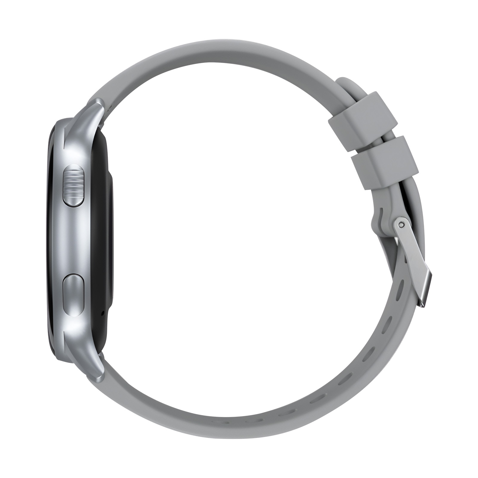 Smartwatch argentée. La montre est sur le côté, montrant le bracelet et la vue latérale avec un bracelet gris.