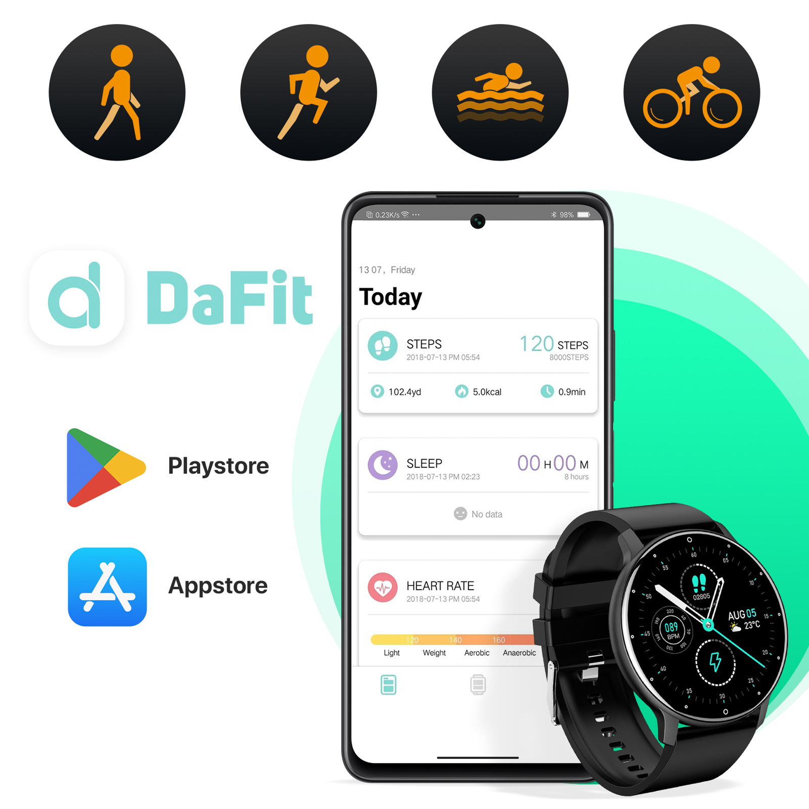 Smartwatch con app DaFit sullo schermo del telefono, icone attività. Mostra passi, sonno e frequenza cardiaca.