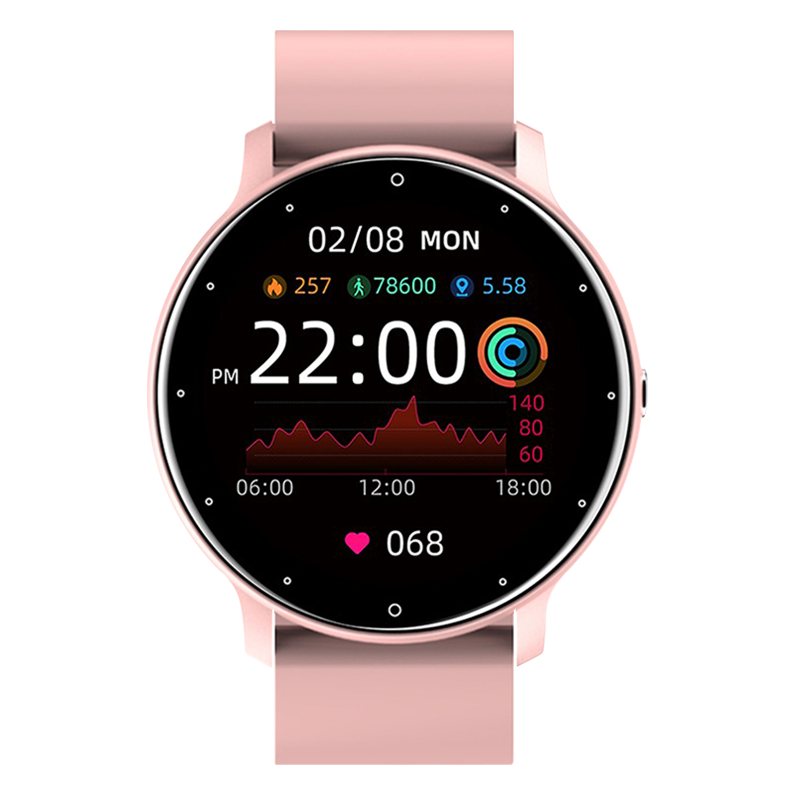 Smartwatch rose, affichant l'heure, la fréquence cardiaque et les données d'activité. Affiche un graphique.
