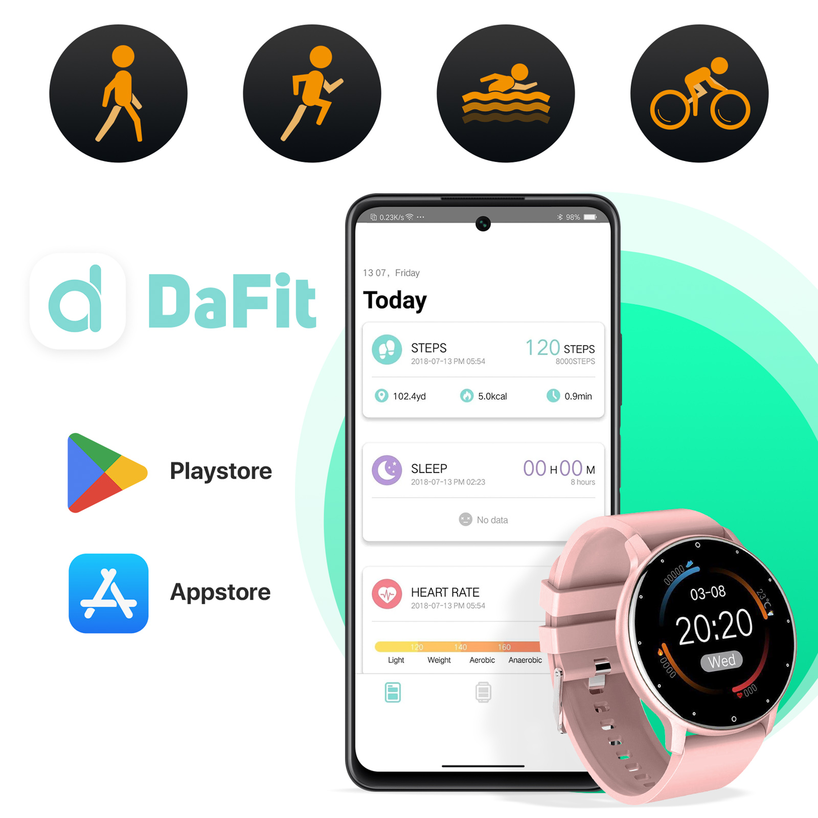 Smartphone avec une smartwatch rose affichant des données d'activité, avec logo DaFit et icônes d'applications.