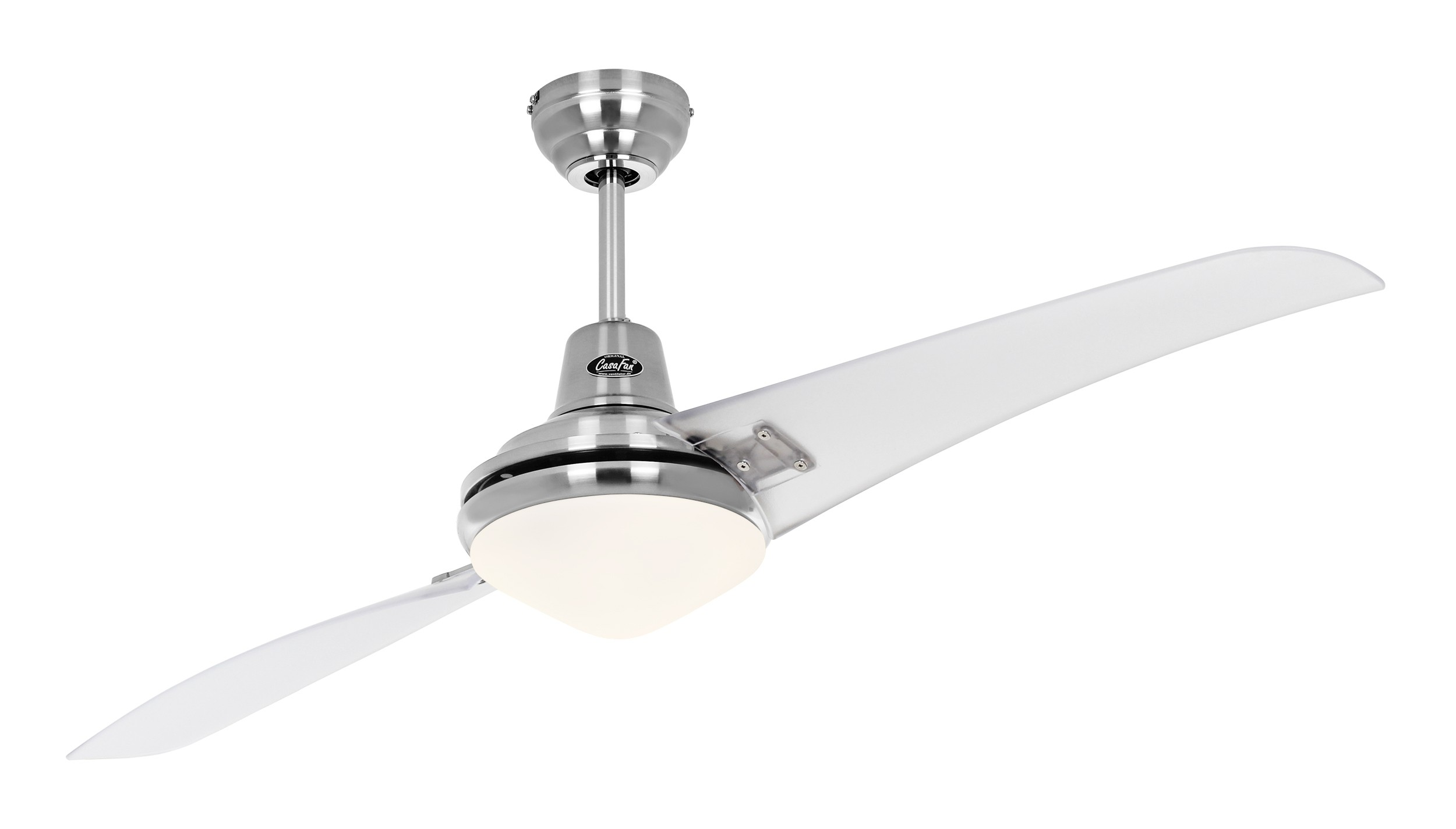 Deckenventilator mit zwei weißen Flügeln und silbernem Sockel. Weißer Hintergrund.