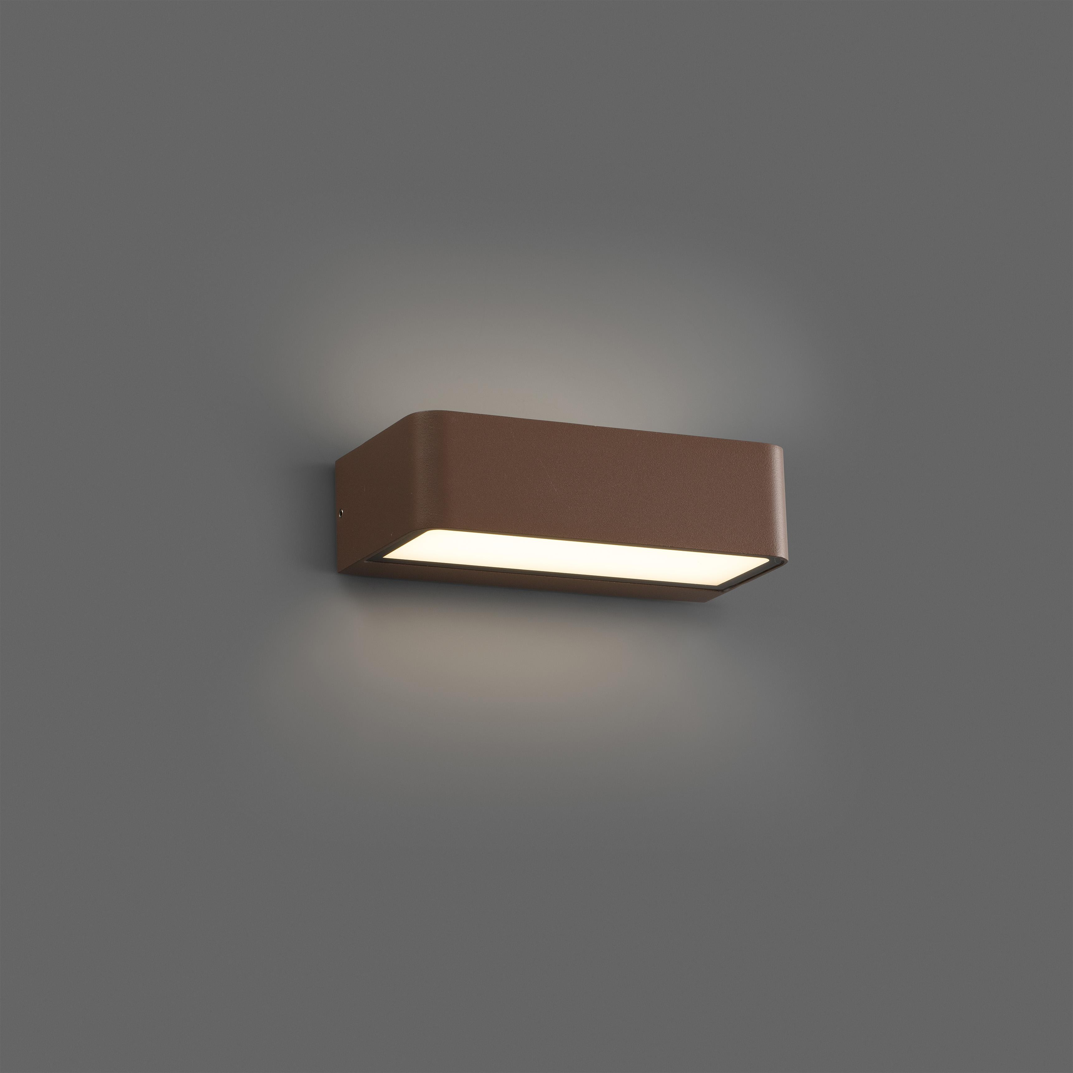 Braune rechteckige Wandleuchte mit hellem horizontalem Licht. Der Hintergrund ist grau.