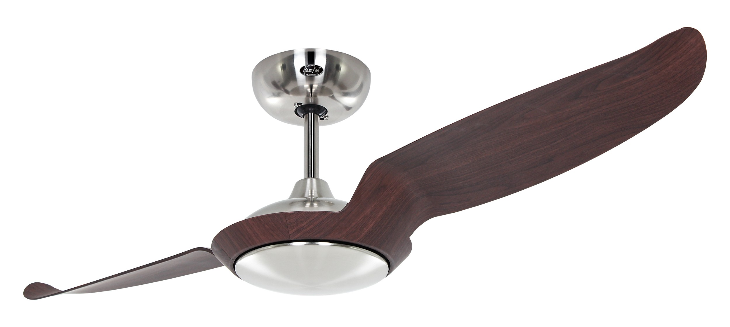 Ventilatore a soffitto con due pale in legno scuro, alloggiamento motore argentato.
