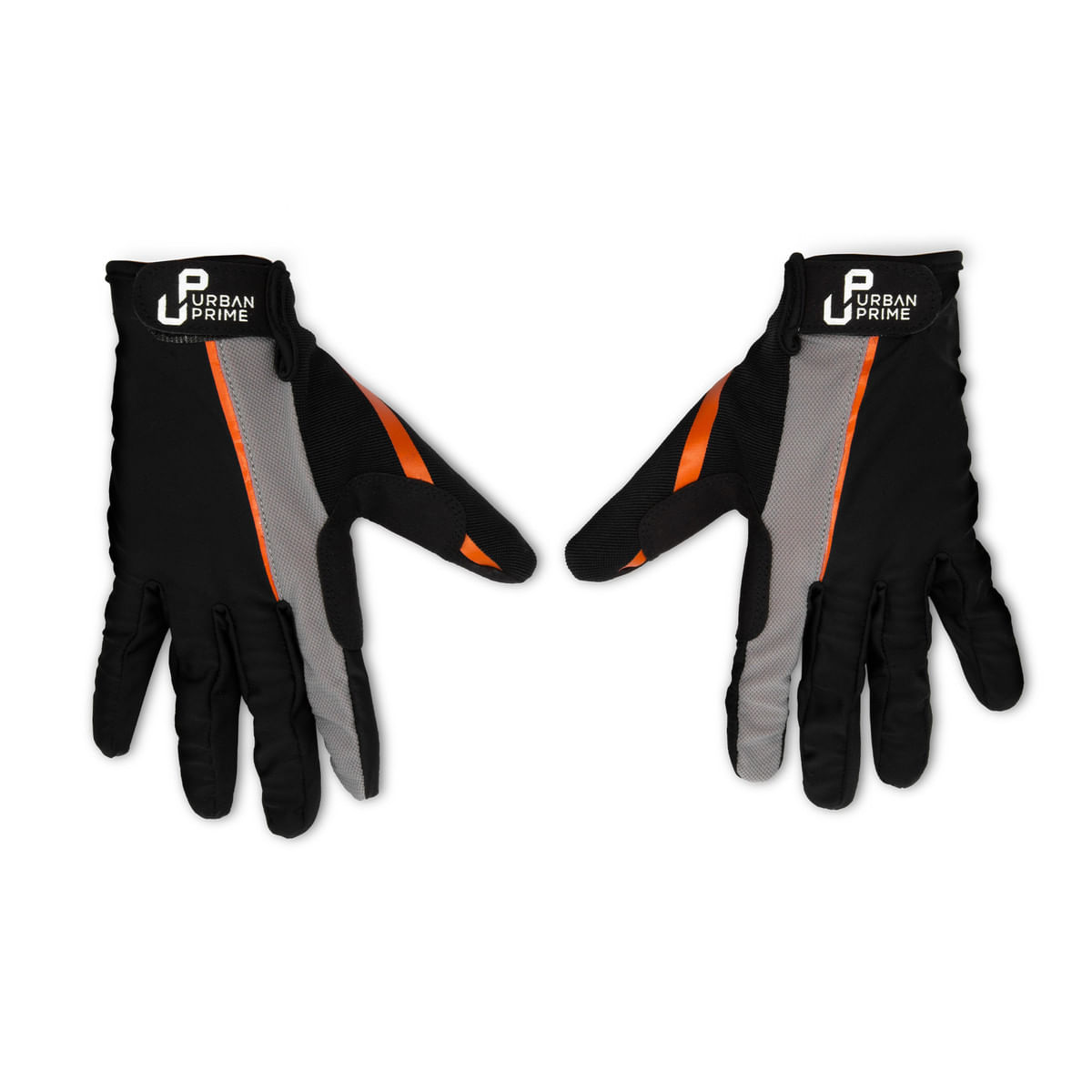 Paio di guanti da ciclismo. Colori nero, grigio e arancione. Sfondo bianco.