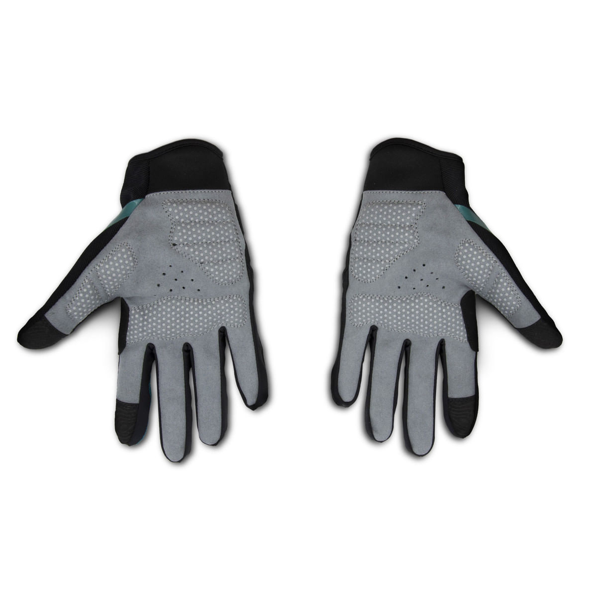 Paio di guanti da ciclismo. Colori grigio e nero. Sfondo bianco.