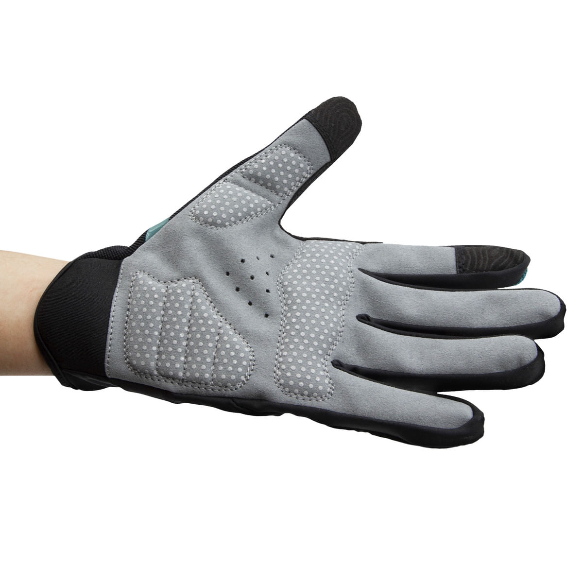 Mano con guanti da ciclismo grigi e neri su sfondo bianco.