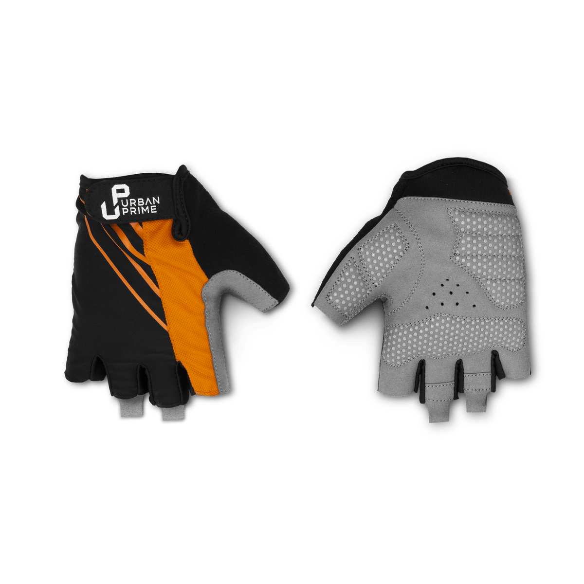 Paio di guanti da ciclismo. Colori nero e arancione. Il guanto sinistro ha il marchio.