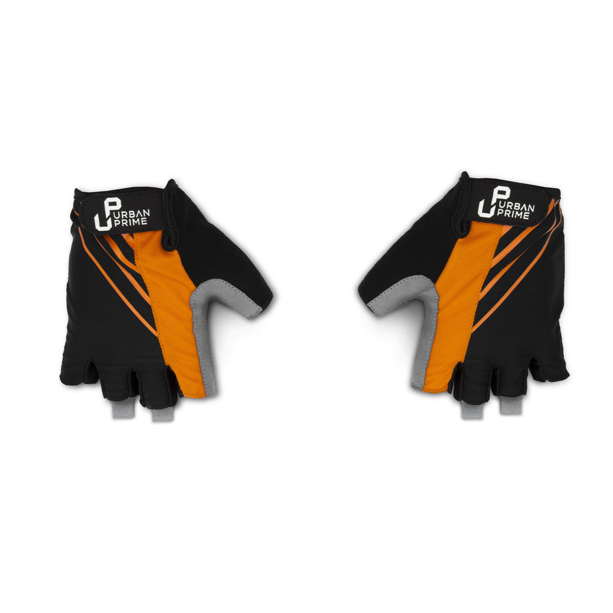 Paio di guanti da ciclismo. Colori nero, grigio e arancione. Sfondo bianco.