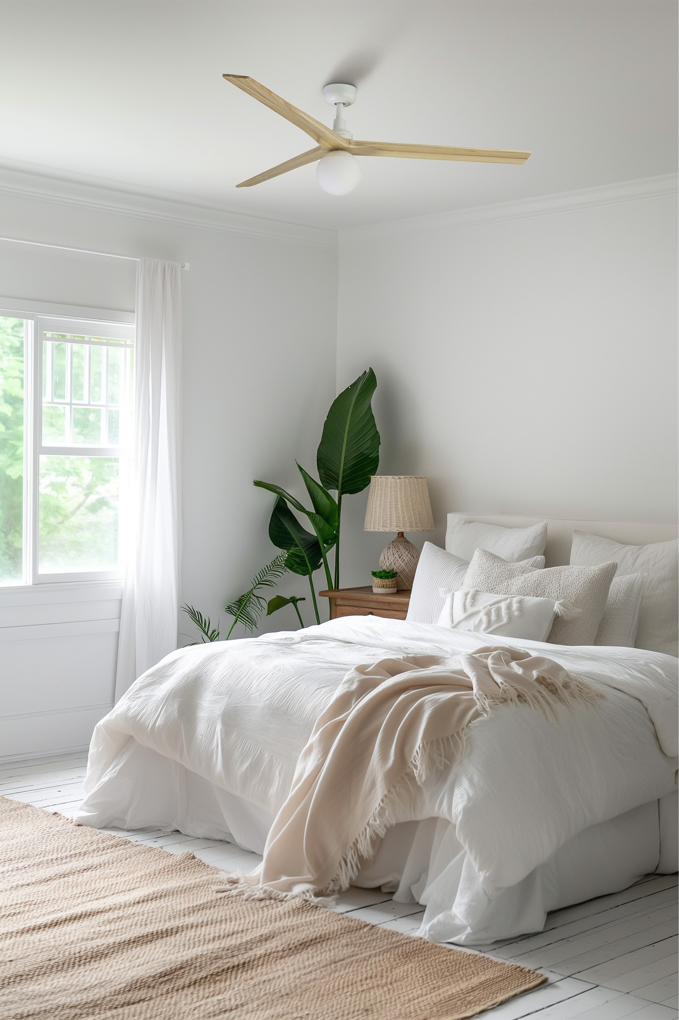 Schlafzimmer mit weißem Bett, Deckenventilator aus Holz und Fenster.