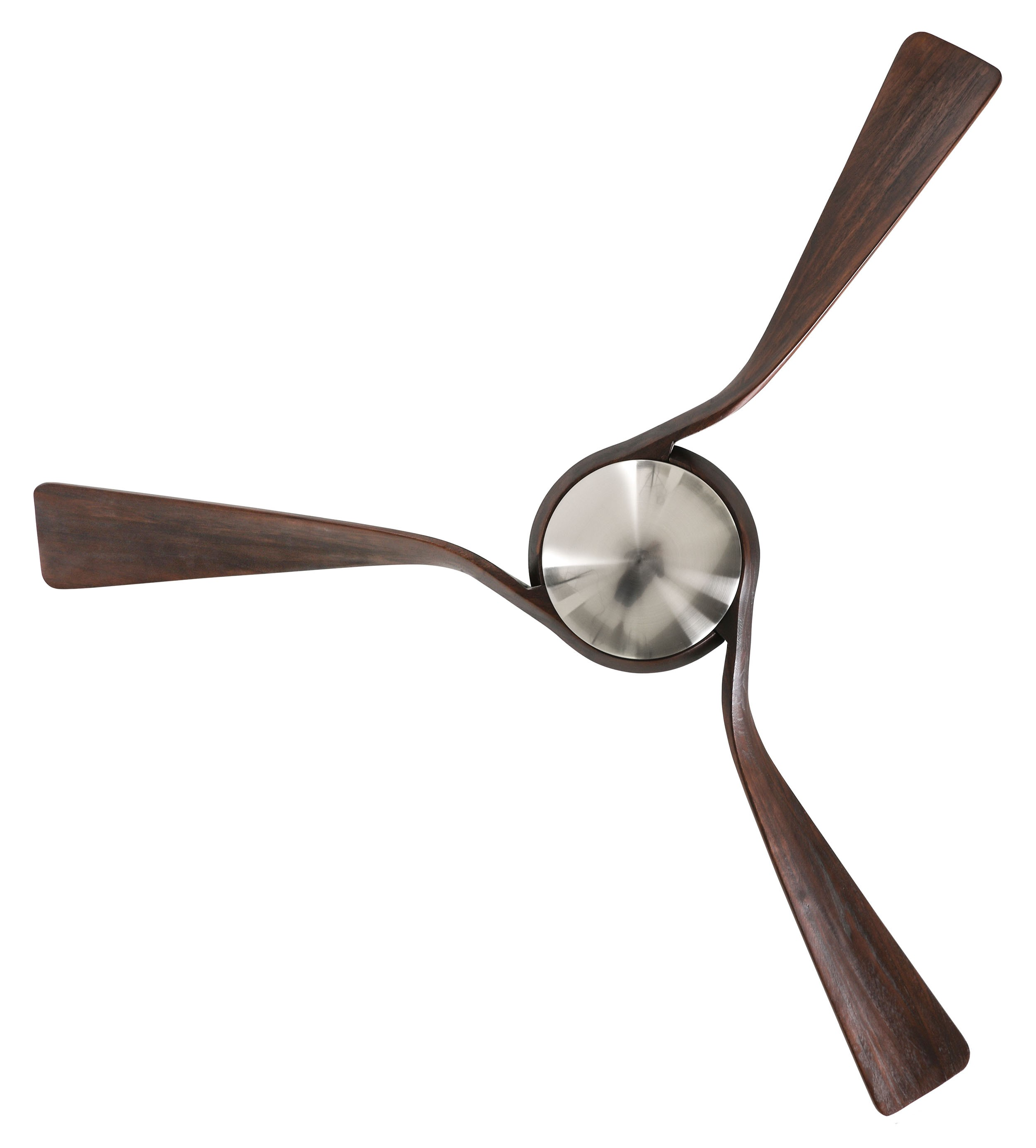 Ventilatore da soffitto a tre pale con pale in legno scuro e centro metallico, sfondo bianco.