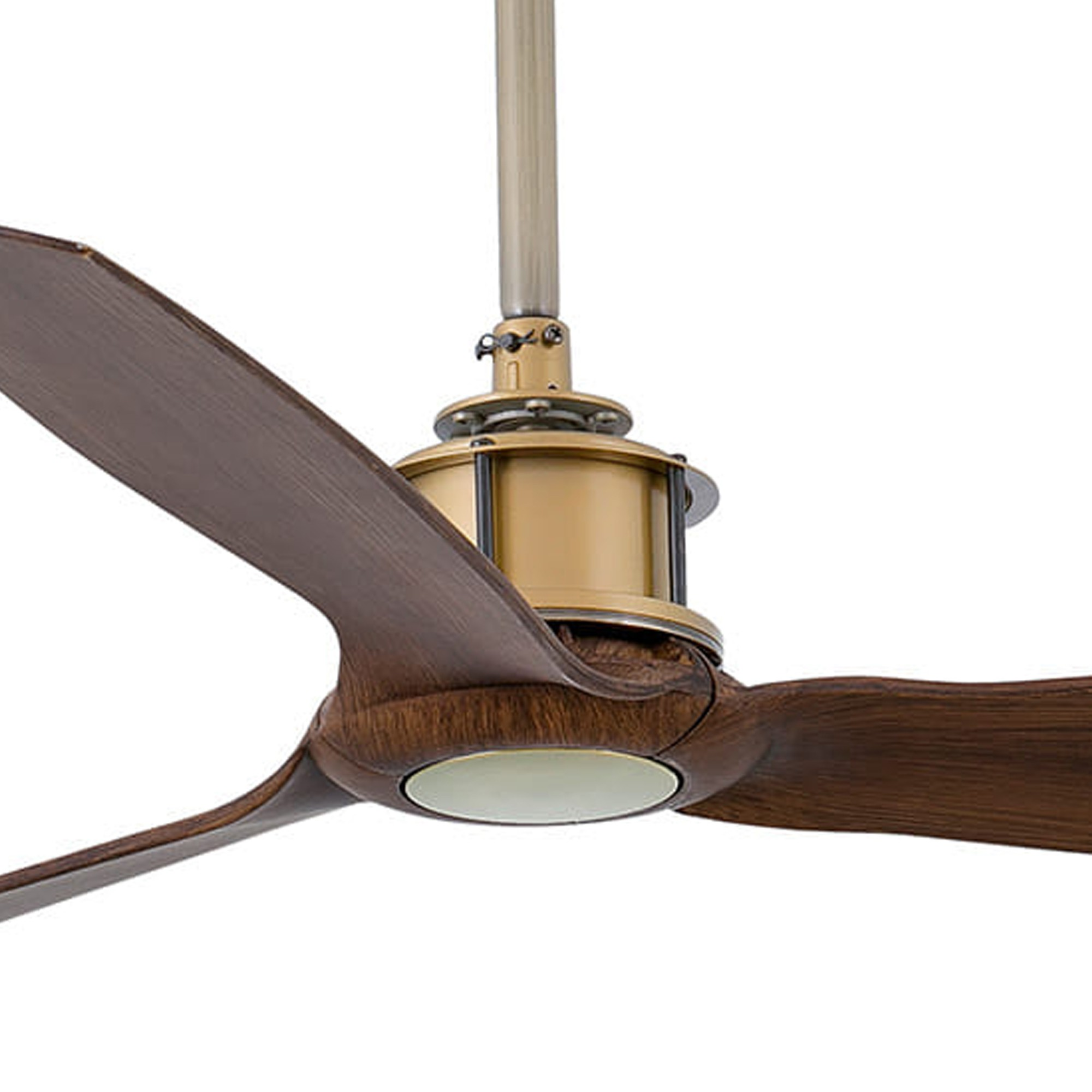 Deckenventilator mit dunklen Holzblättern und einem goldfarbenen Motorgehäuse. Weißer Hintergrund.