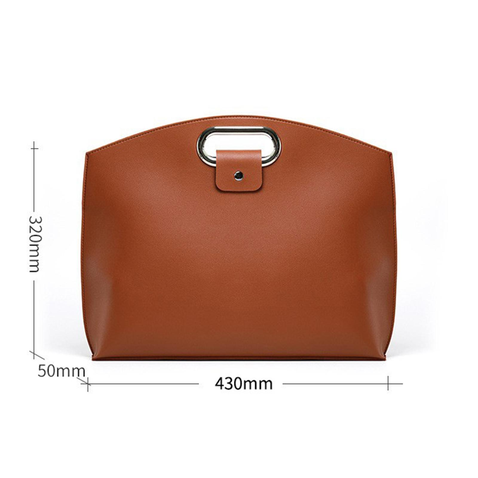 Braune Handtasche mit silbernem Griff. Weißer Hintergrund mit Maßen.