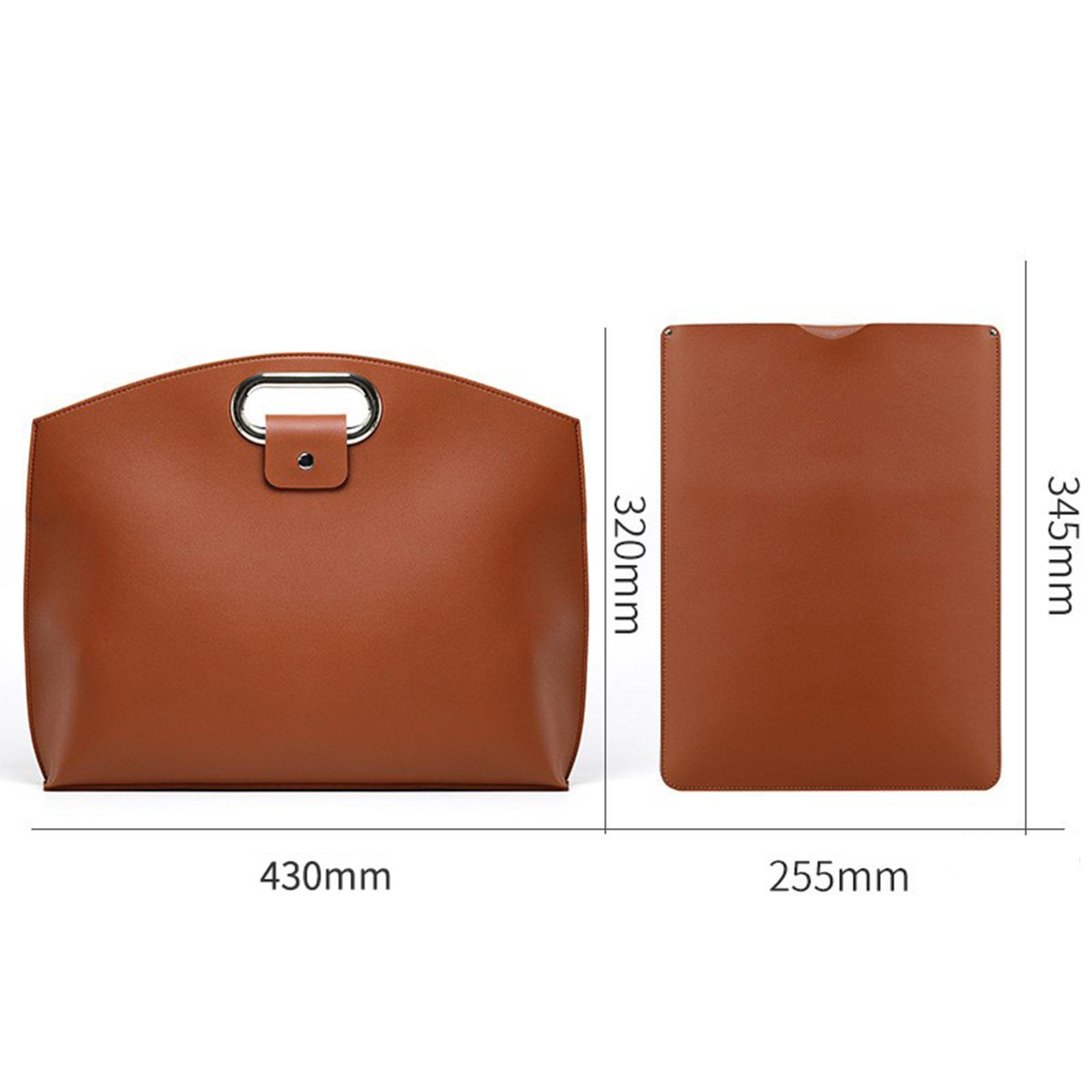 Braune Handtasche und Hülle mit Maßen. Weißer Hintergrund.