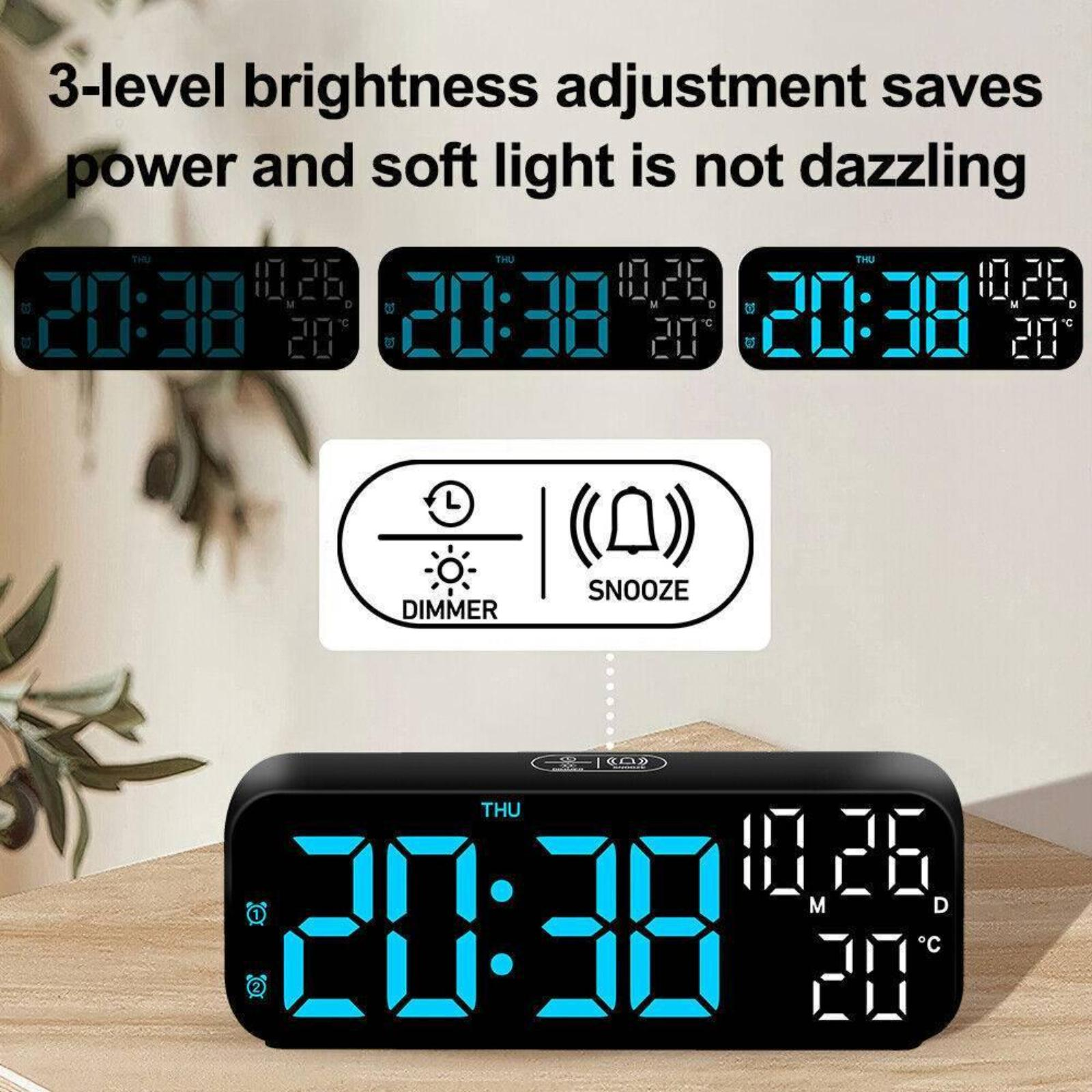 Digitale LED-Uhr mit Zeit, Temperatur und Datum. Mehrere Anzeigeoptionen.