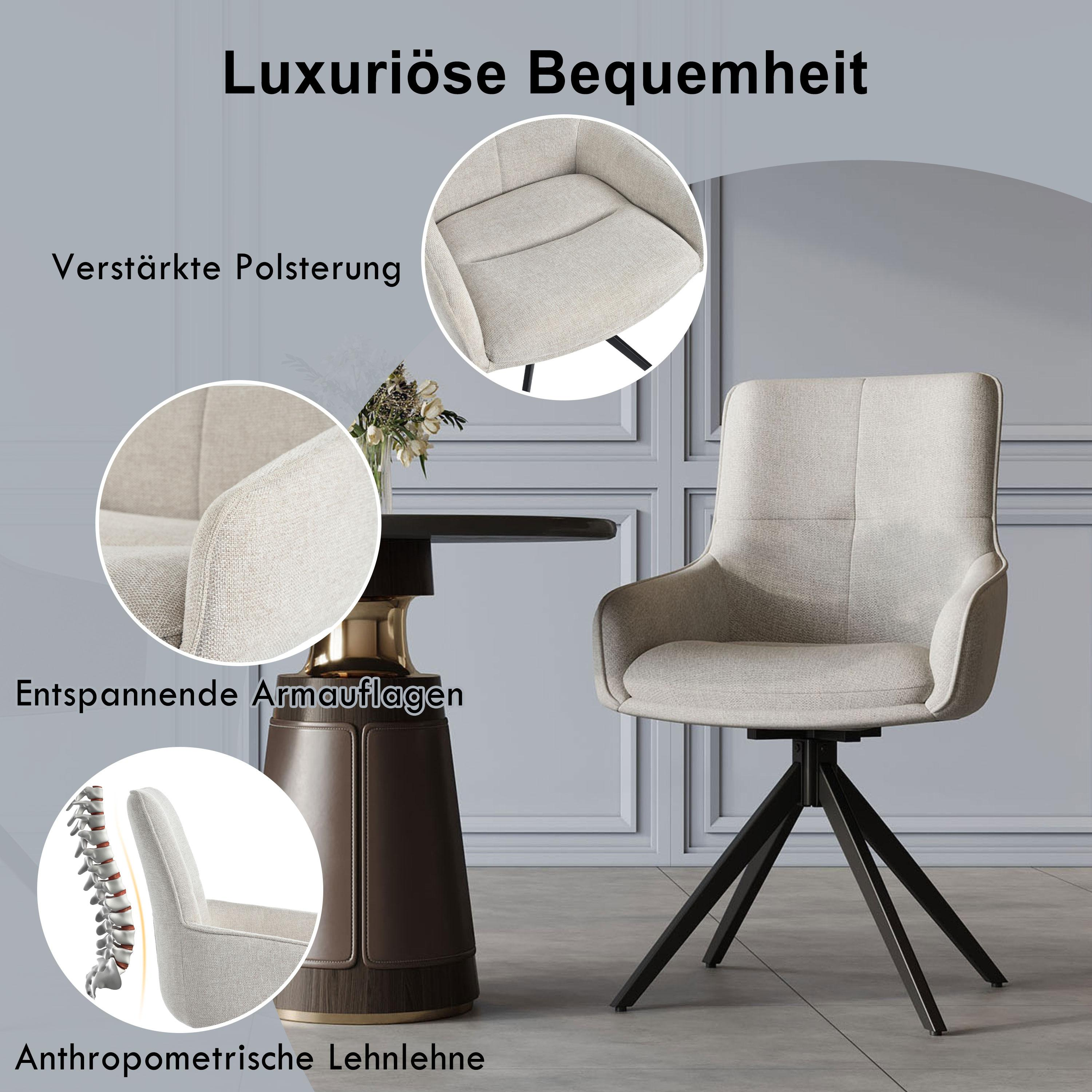 Stuhl mit hellgrauem Stoff und schwarzen Beinen. Der Stuhl hat eine detaillierte Rückenlehne und einen runden, dunklen Tisch.
