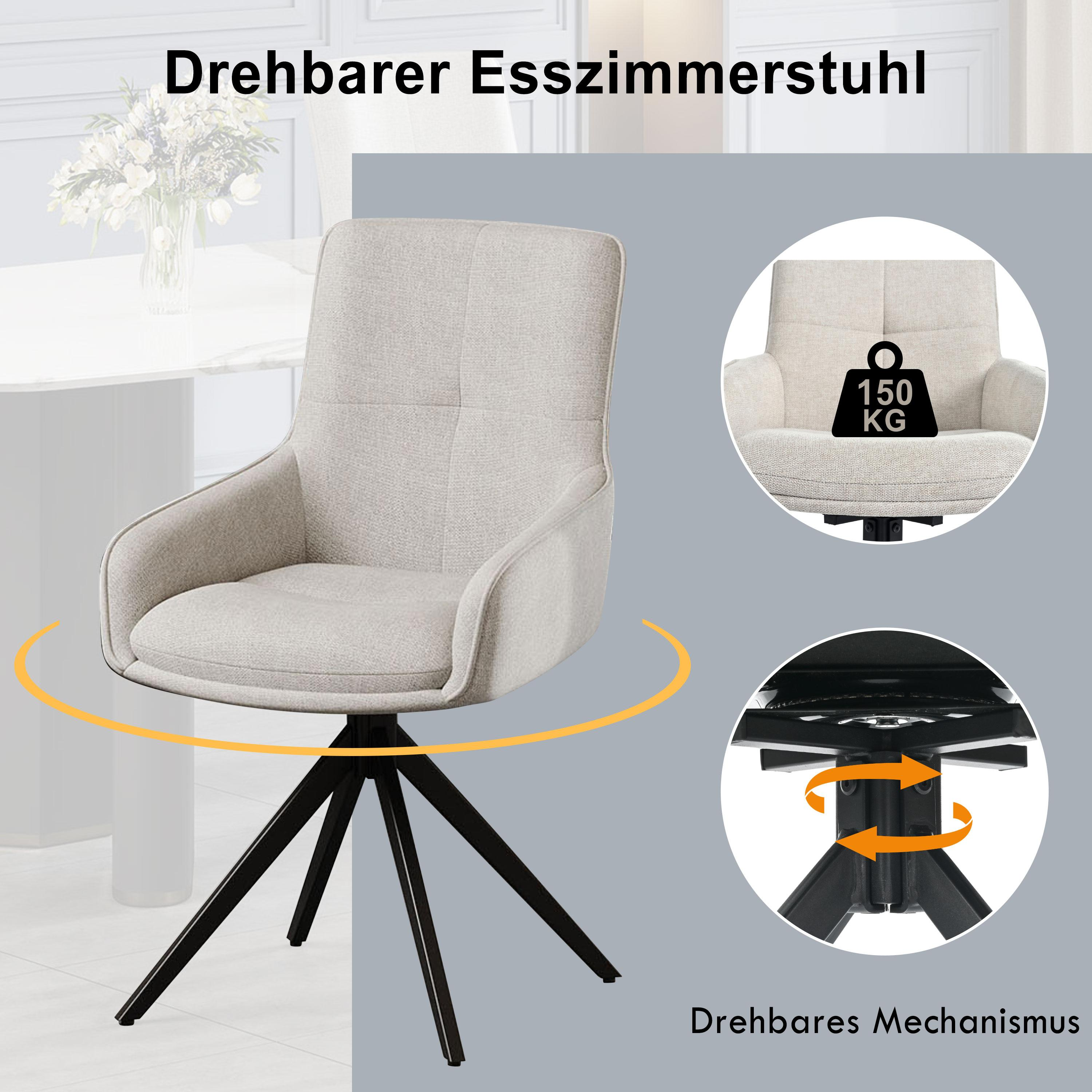 Beiger Drehstuhl mit schwarzen Beinen. Oben rechts: 150KG Aufkleber. Unten: Drehmechanismus mit Pfeilen.