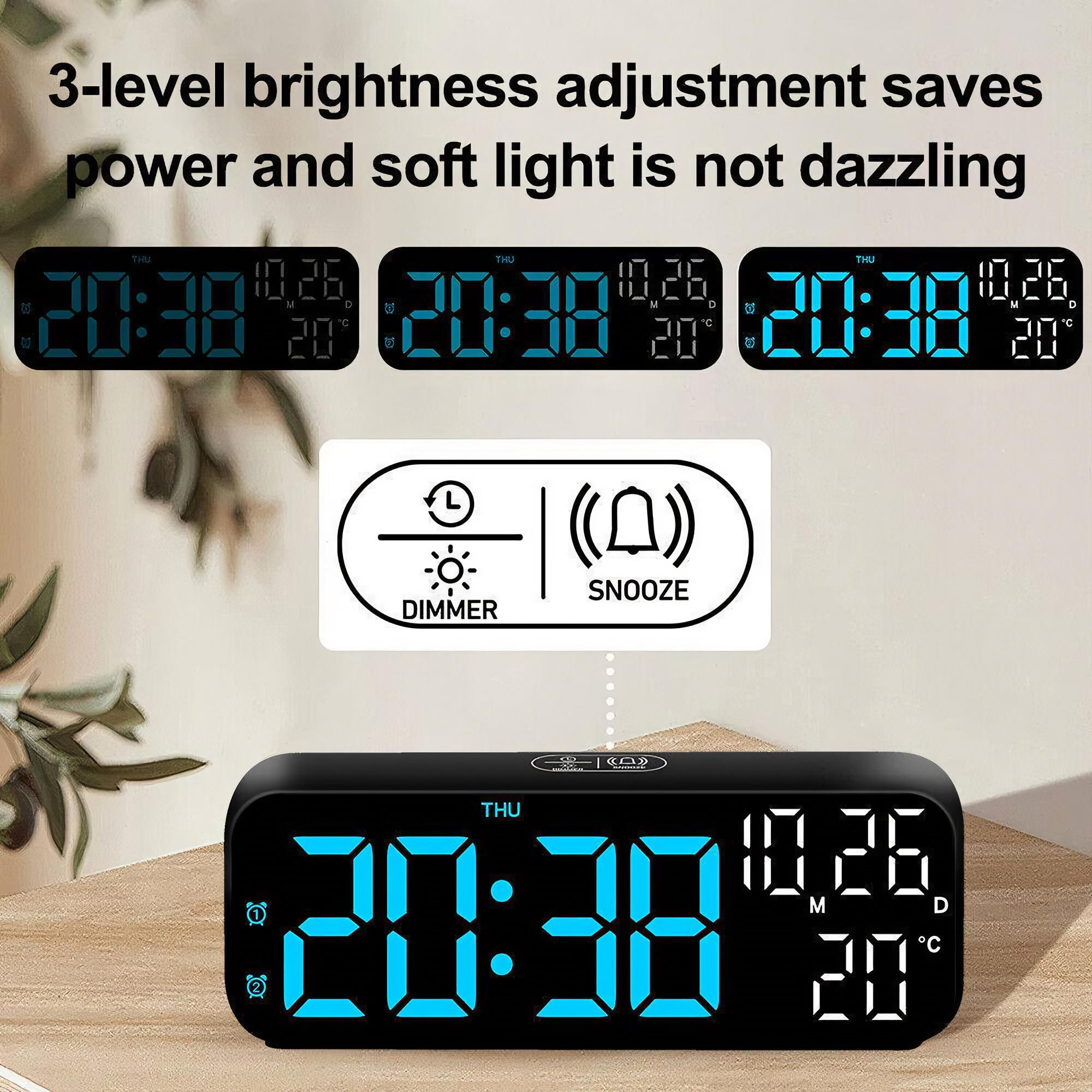 Digitaluhr mit drei Helligkeitseinstellungen und Schlummer-/Dimm-Optionen. Schwarz mit blauem Display.