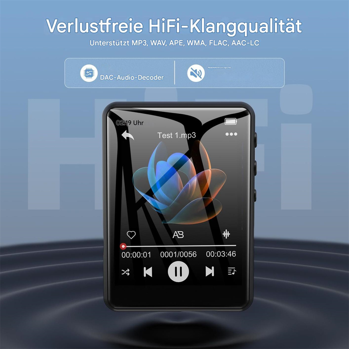 Schwarzer MP3-Player mit einem Bildschirm, der Musiksteuerungen und ein Blumenbild anzeigt, mit Textüberlagerung.