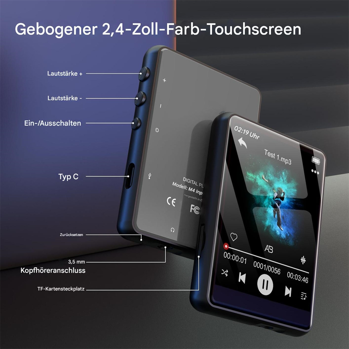 MP3-Player mit geschwungenem Touchscreen, der Musiksteuerungen zeigt. Knöpfe sind beschriftet, Anschlüsse und Bedienelemente werden angezeigt.