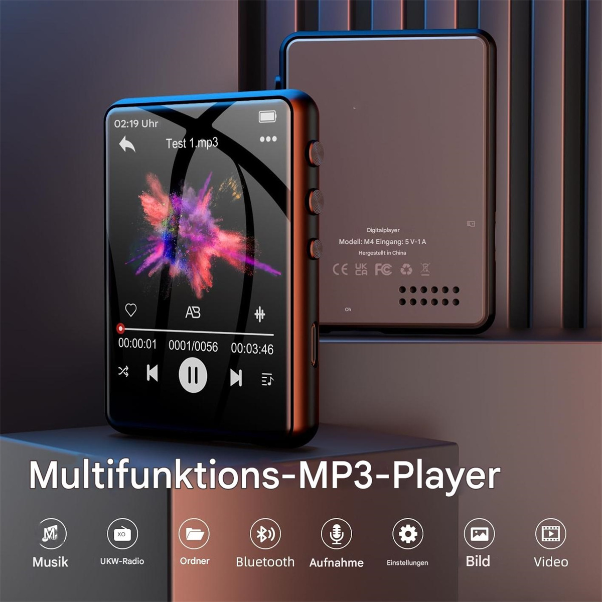 Schwarzer MP3-Player mit Bildschirm, der Musikinformationen und Symbole anzeigt. Hintergrund mit Text.