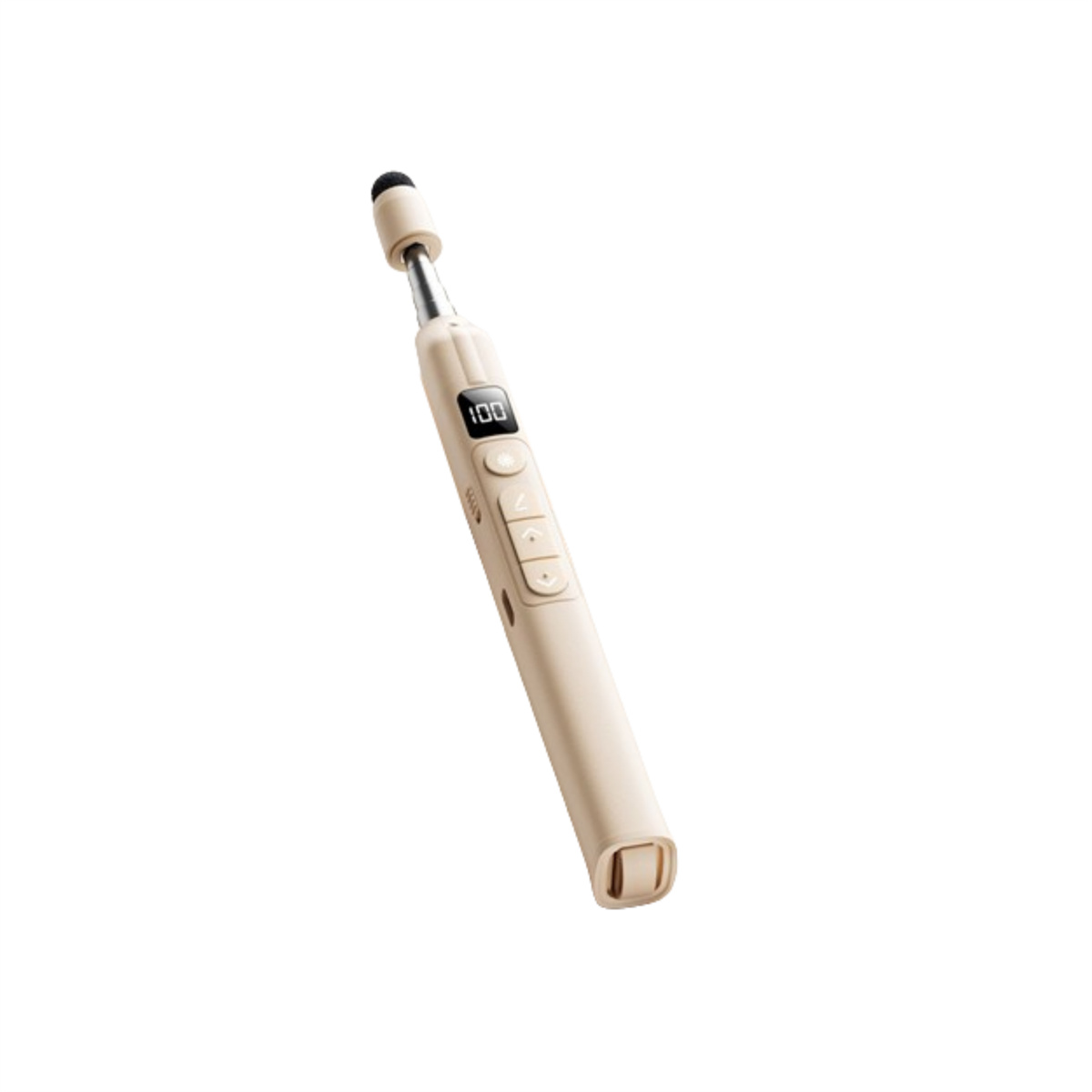 Rosa Stift mit Digitalanzeige 100. Tasten und Spitze sind zu sehen.