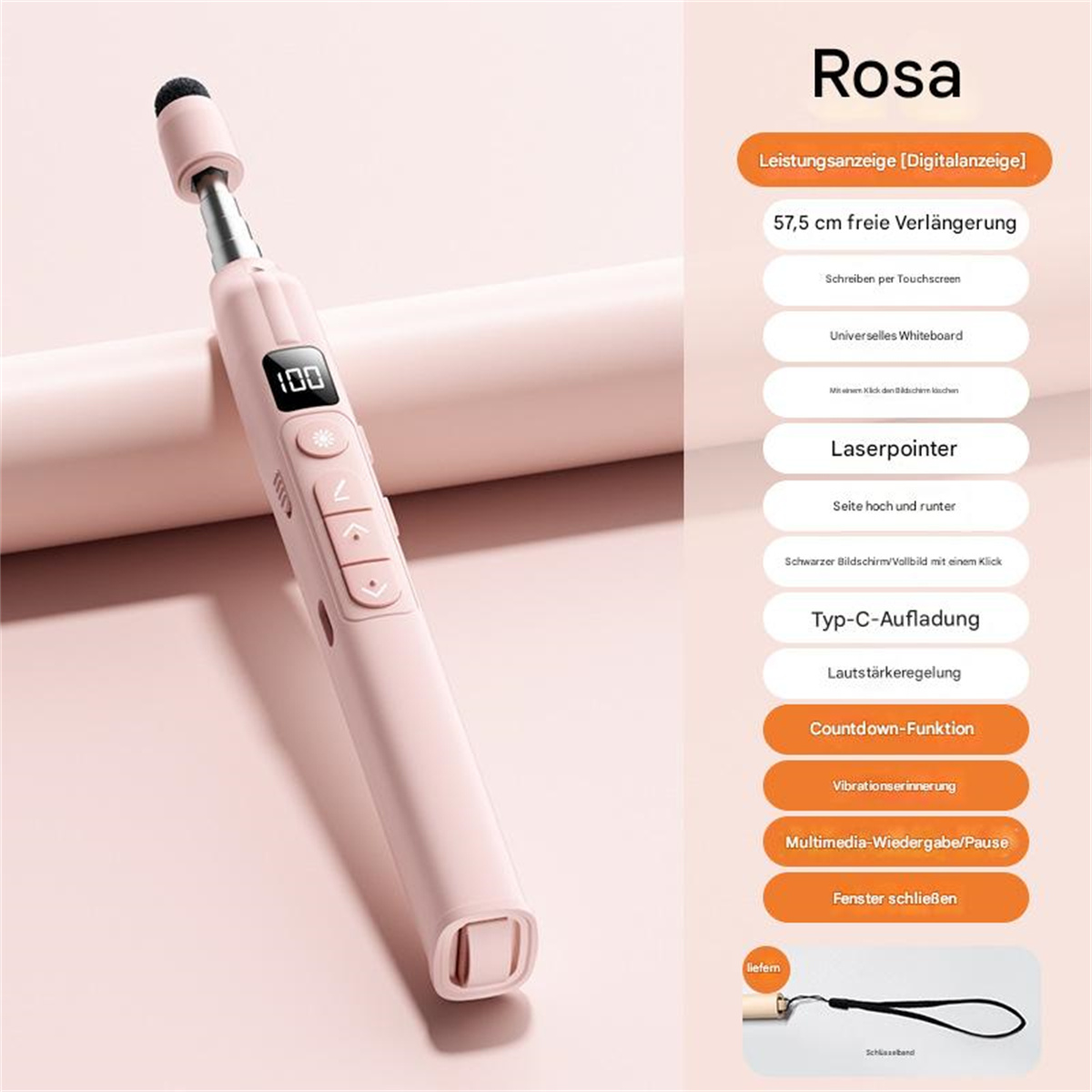 Rosa stiftähnliches Gerät mit beschrifteten Funktionen auf weißem Hintergrund. Enthält Laserpointer und mehr.