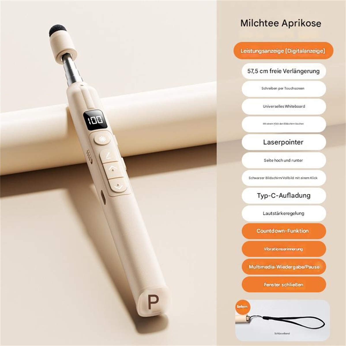 Beiger Stift mit Display und Knöpfen. Deutscher Text beschreibt Funktionen wie Laserpointer und Lautstärkeregelung.