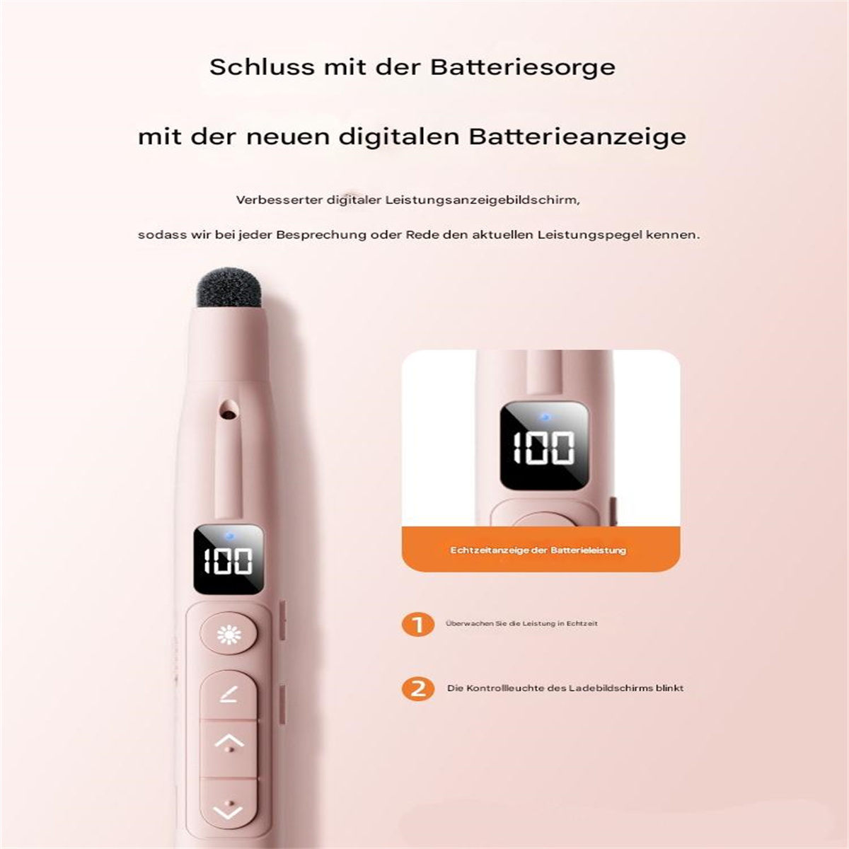 Rosa Stift mit digitaler Anzeige 100. Nahaufnahme der Anzeige und Tasten Details.