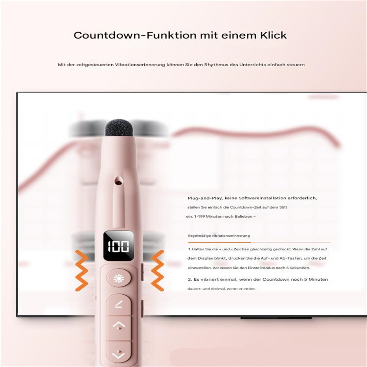 Rosa Stift mit Anzeige von 100. Zeigt die Countdown-Funktion mit Vibrationserinnerung.