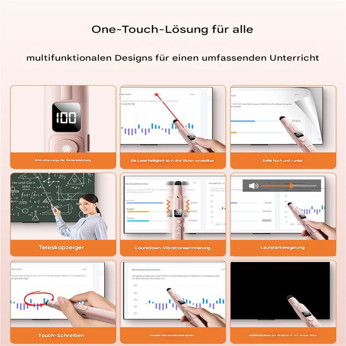 Mehrere Bilder, die einen pinkfarbenen Stift zeigen. Der Stift wird auf Bildschirmen mit Diagrammen und Grafiken verwendet.